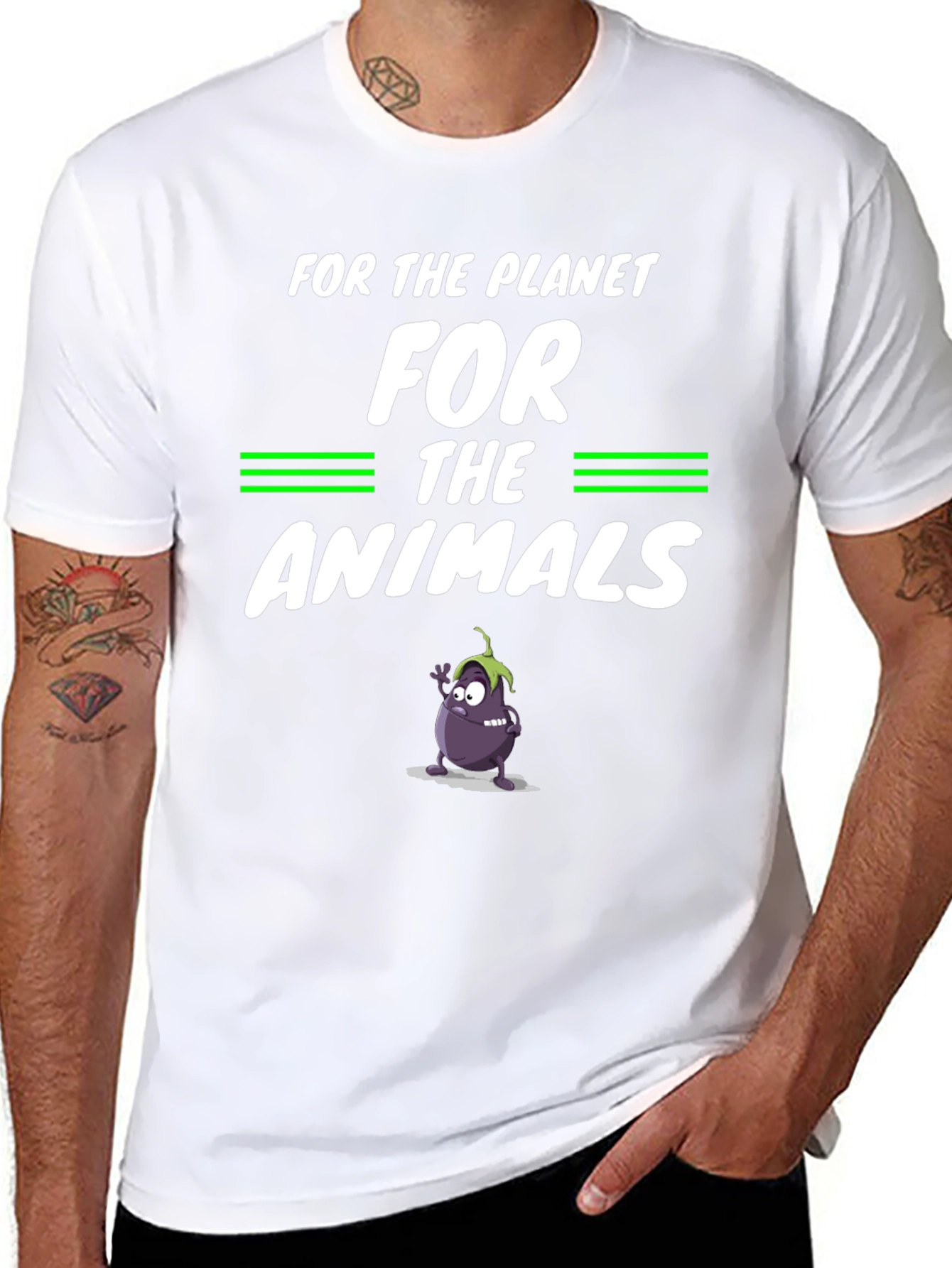 Vegan Planet Animals Cartoon Eggplant Graphic Black T-Shirt