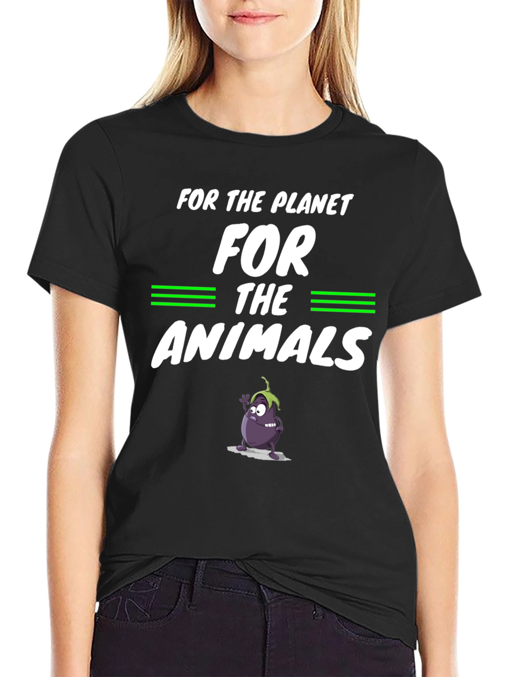 Vegan Planet Animals Cartoon Eggplant Graphic Black T-Shirt