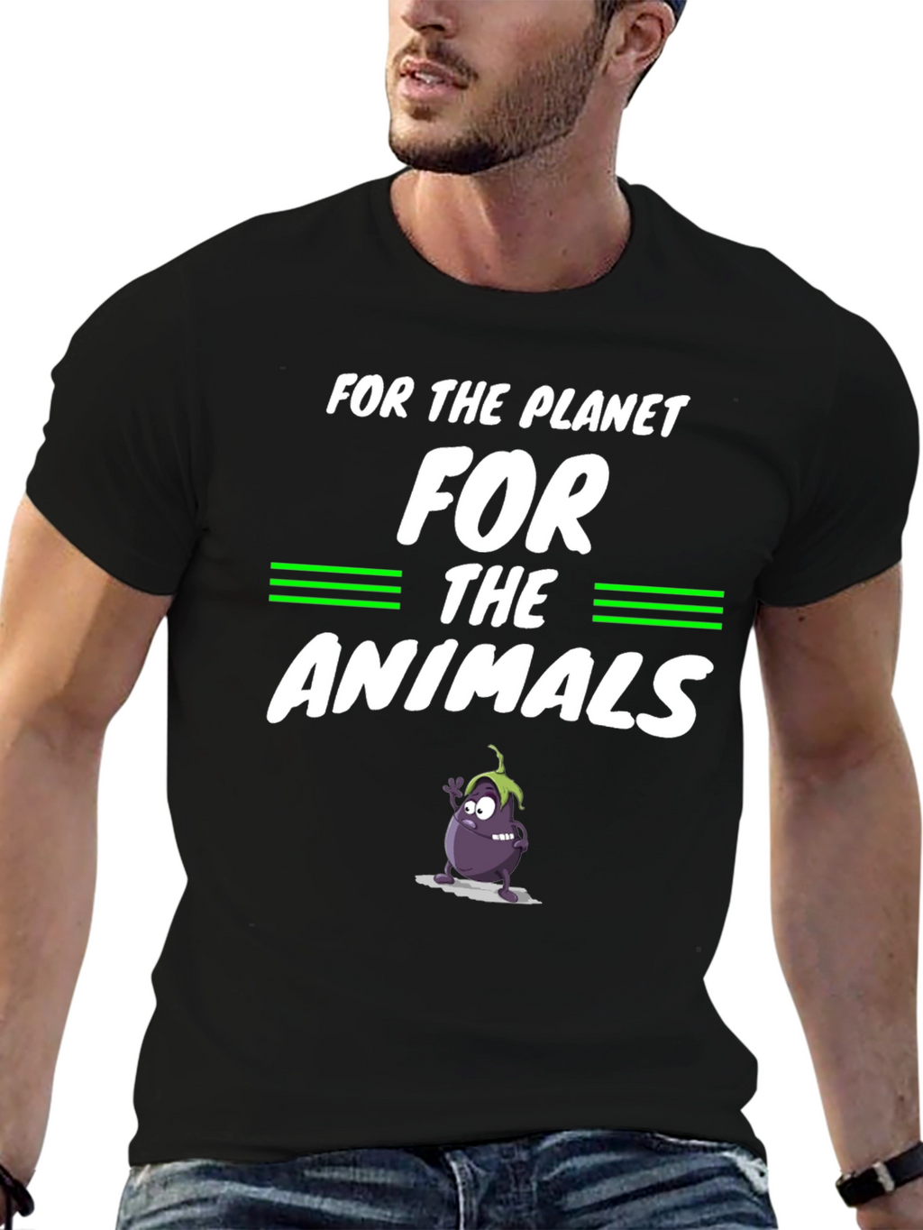 Vegan Planet Animals Cartoon Eggplant Graphic Black T-Shirt