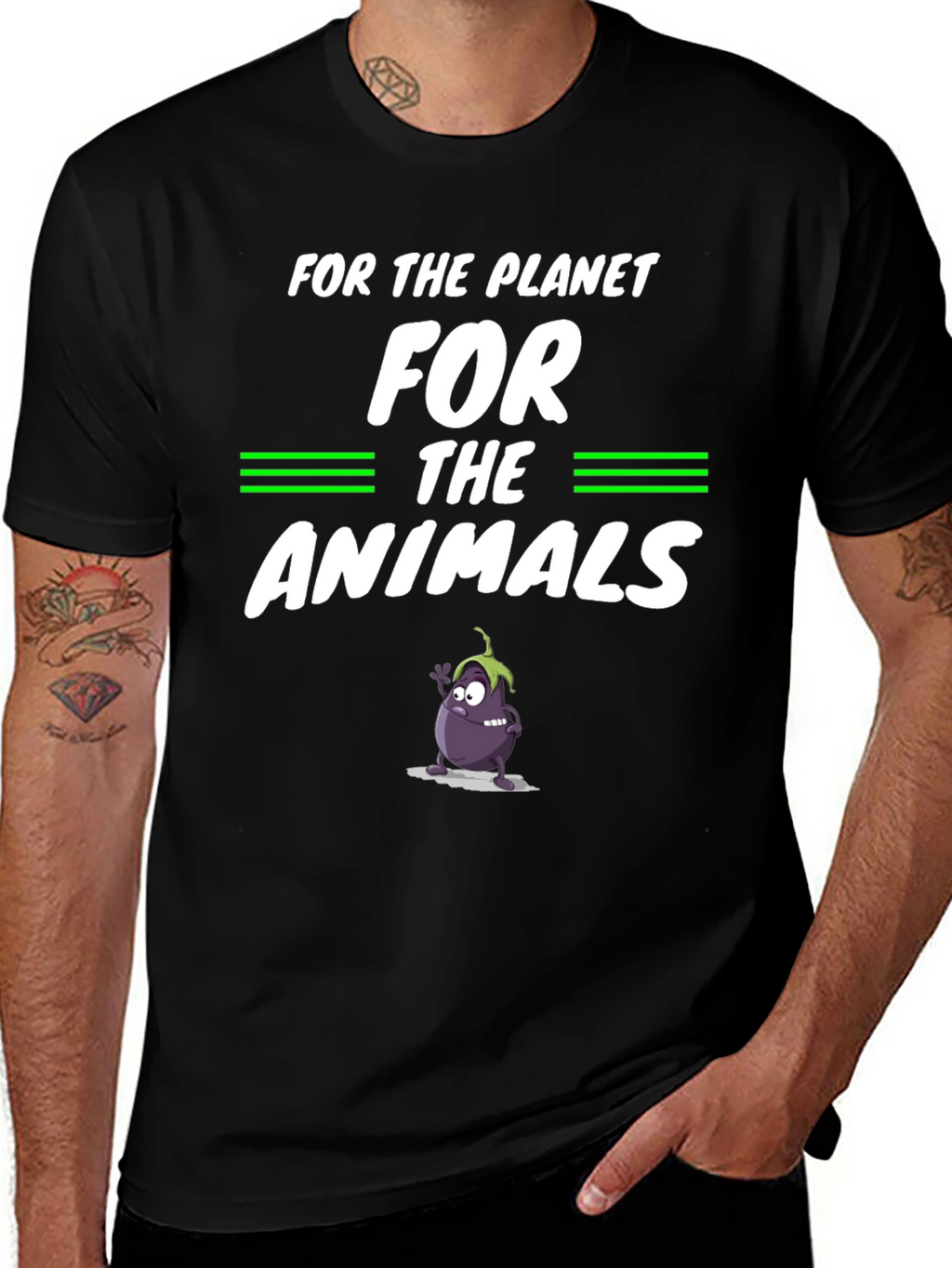 Vegan Planet Animals Cartoon Eggplant Graphic Black T-Shirt