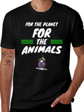 Vegan Planet Animals Cartoon Eggplant Graphic Black T-Shirt