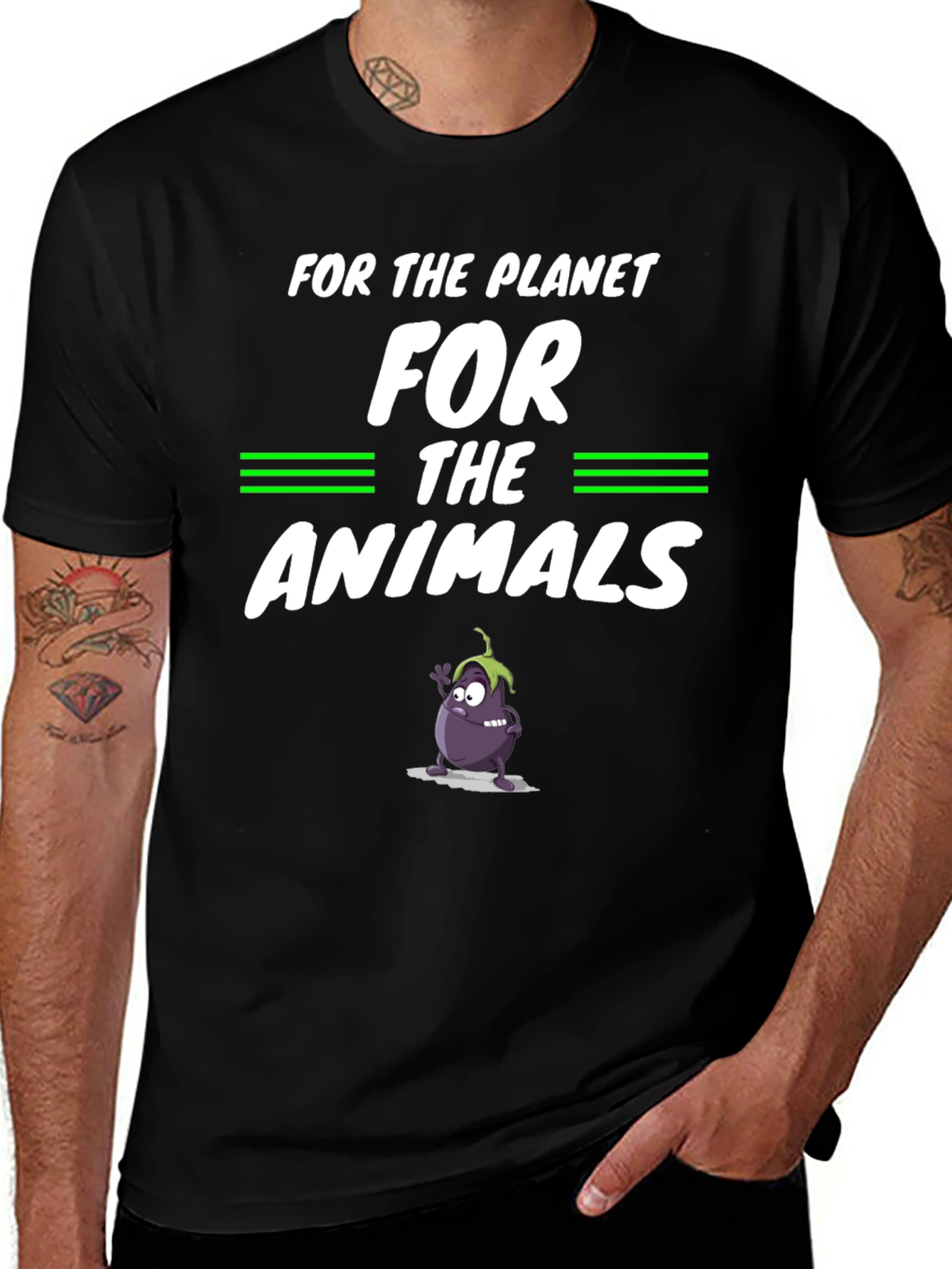 Vegan Planet Animals Cartoon Eggplant Graphic Black T-Shirt
