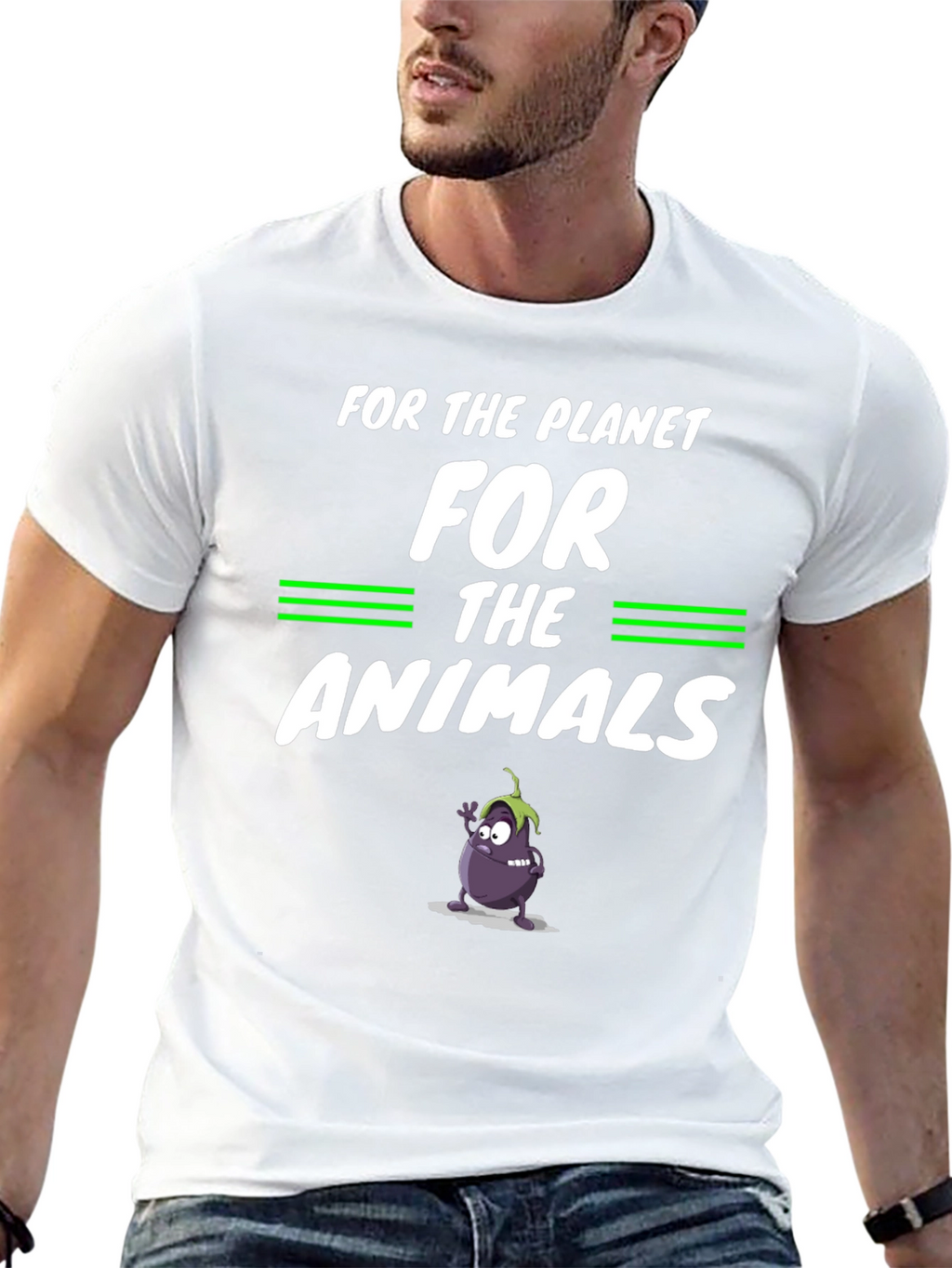 Vegan Planet Animals Cartoon Eggplant Graphic Black T-Shirt