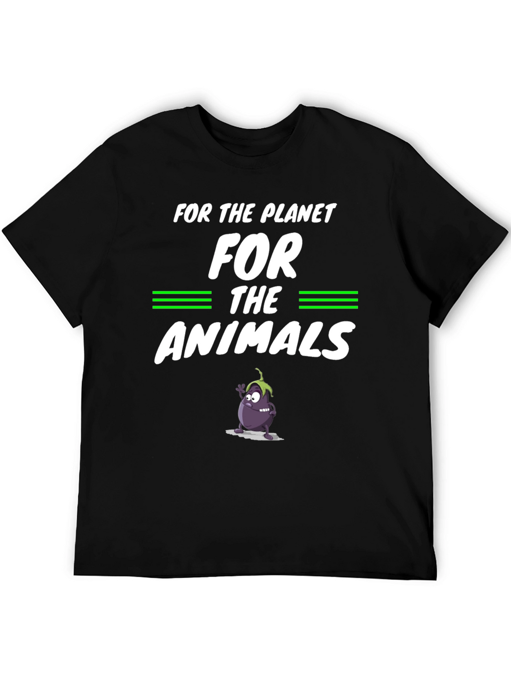 Vegan Planet Animals Cartoon Eggplant Graphic Black T-Shirt