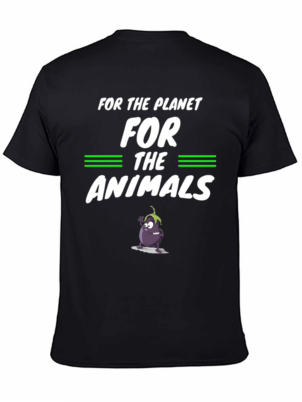 Vegan Planet Animals Cartoon Eggplant Graphic Black T-Shirt