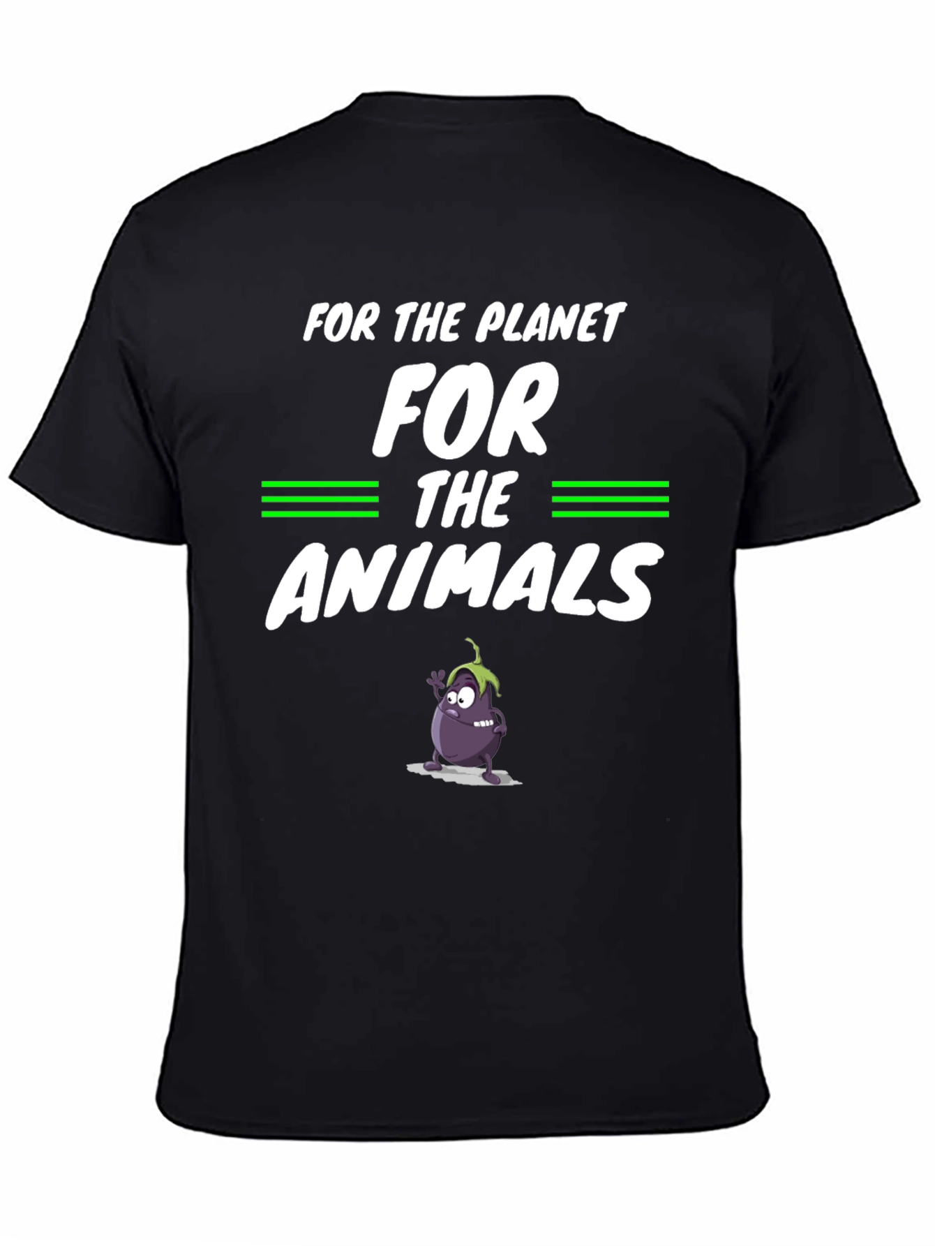 Vegan Planet Animals Cartoon Eggplant Graphic Black T-Shirt