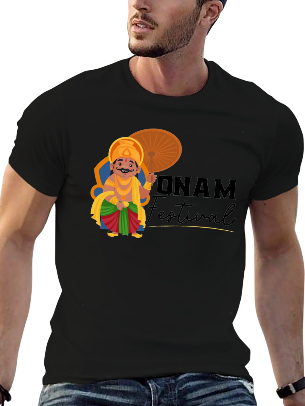 Onam Festival Graphic Tee - Black Cotton T-Shirt