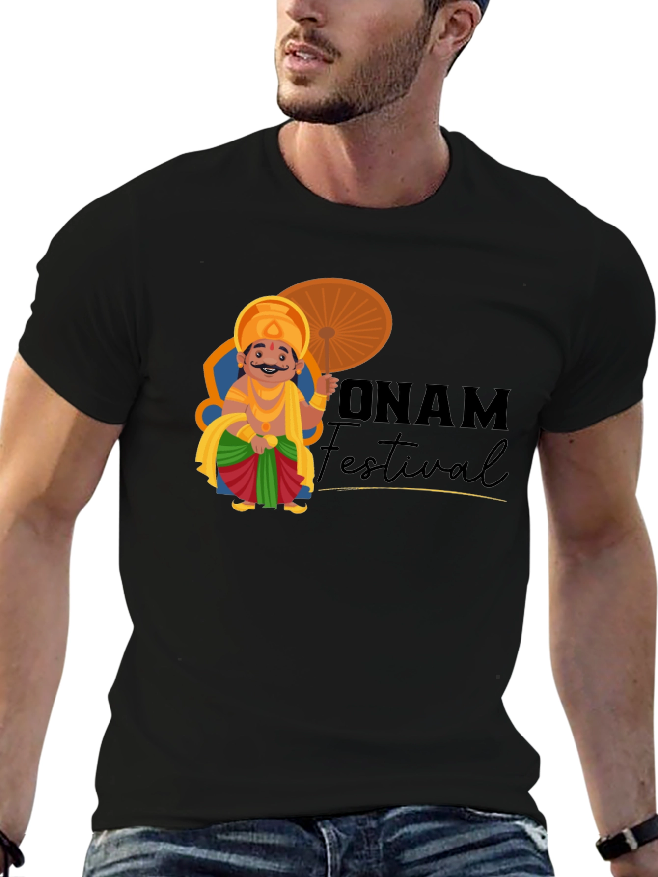 Onam Festival Graphic Tee - Black Cotton T-Shirt