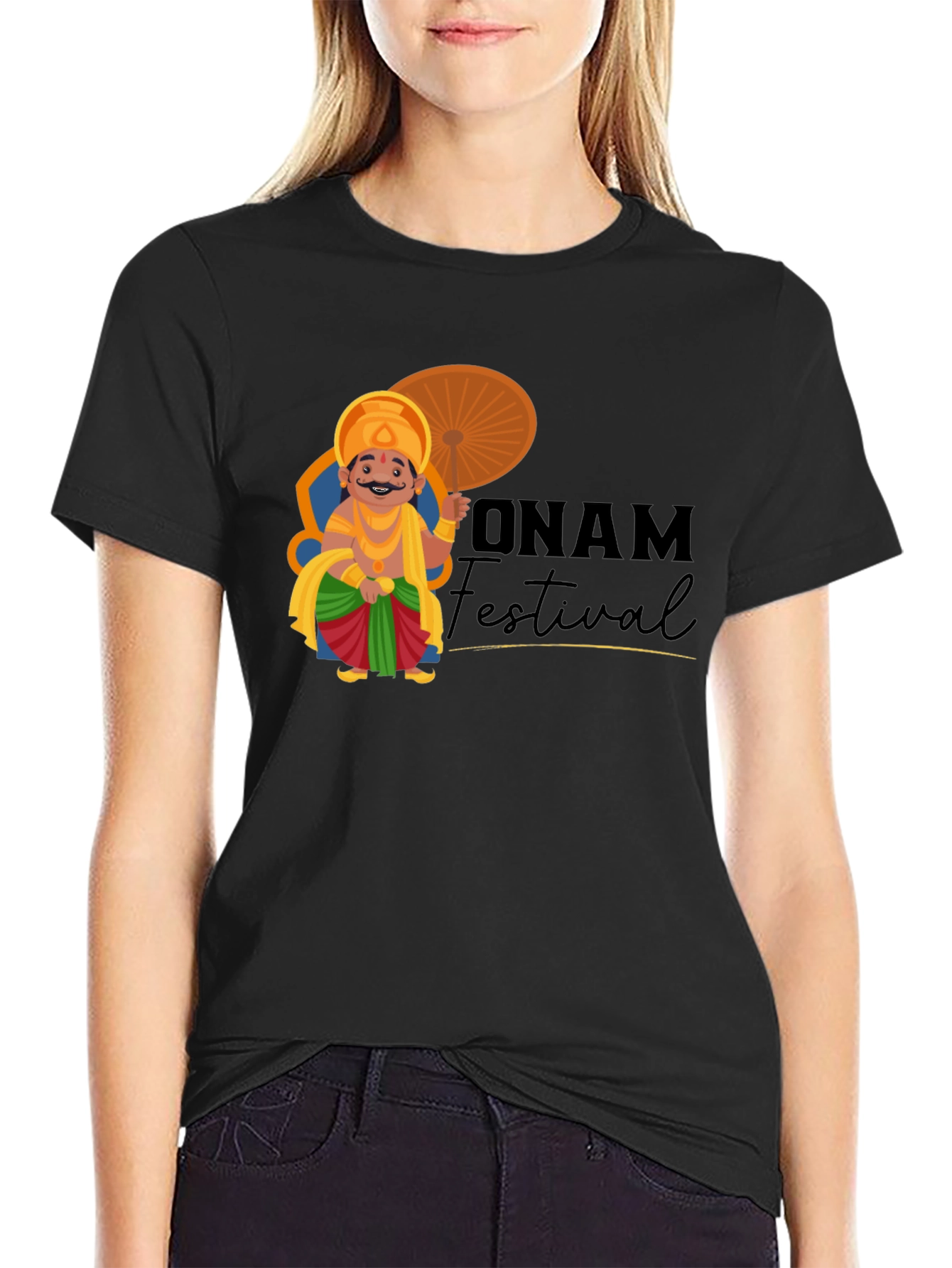 Onam Festival Graphic Tee - Black Cotton T-Shirt