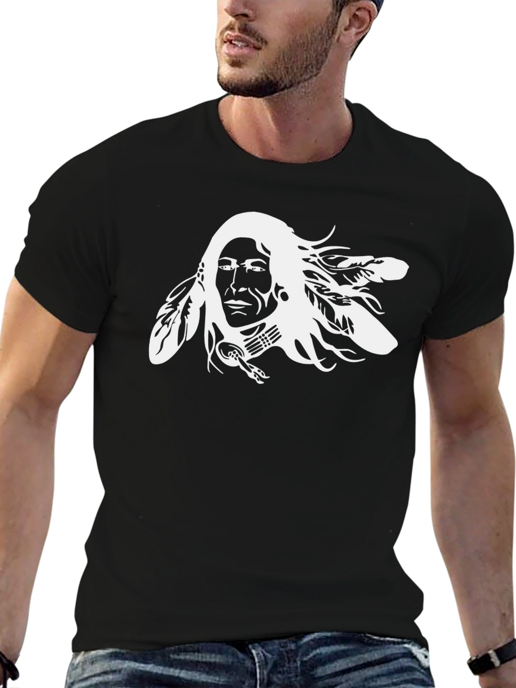 Native American Chief Graphic Tee - Black Cotton T-Shirt