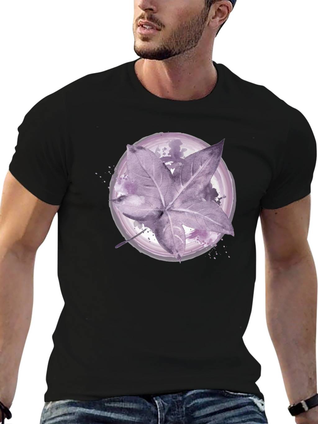 Artistic Leaf Print Black T-Shirt
