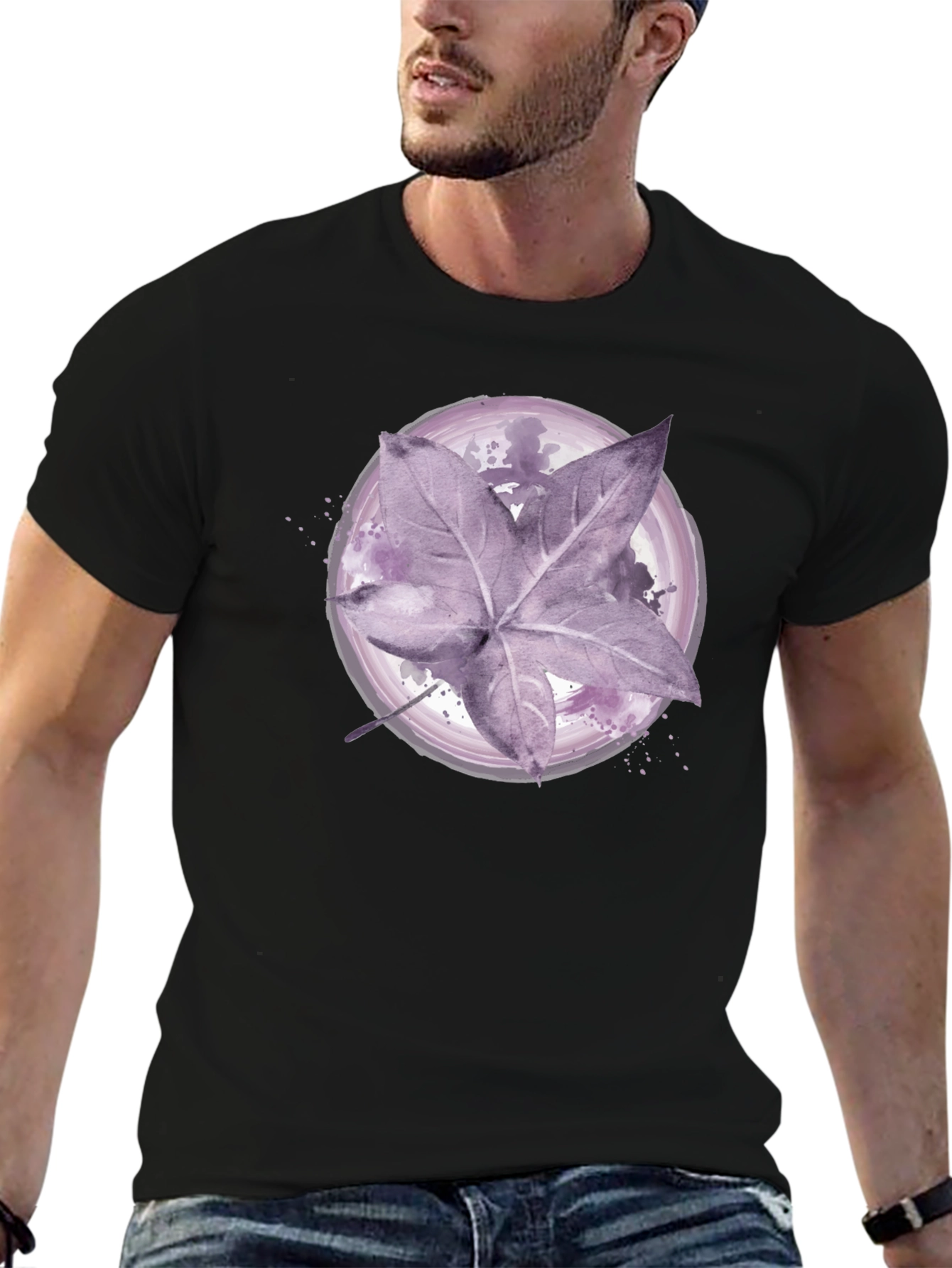 Artistic Leaf Print Black T-Shirt