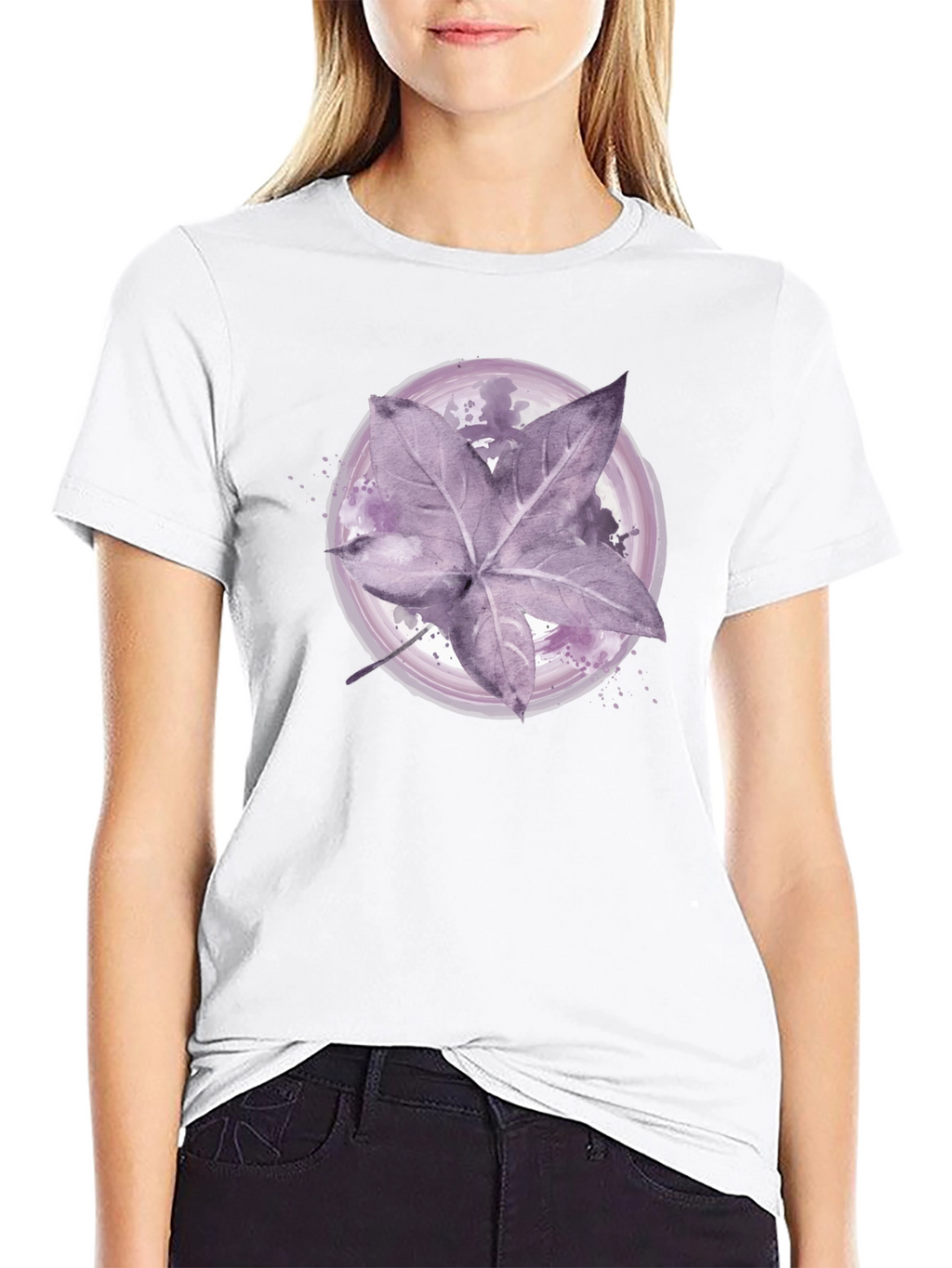Artistic Leaf Print Black T-Shirt