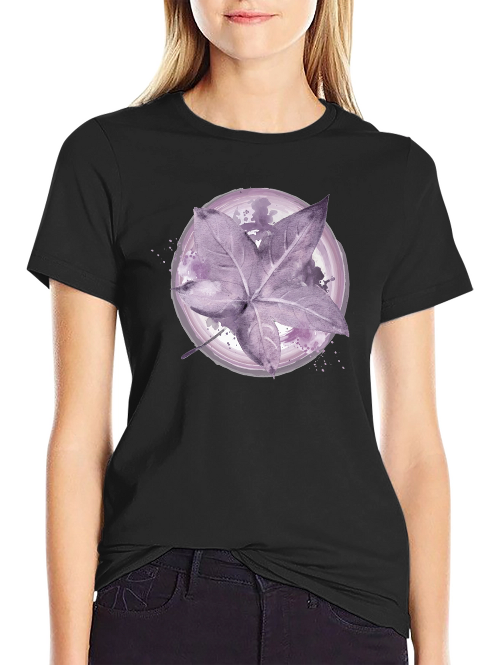Artistic Leaf Print Black T-Shirt