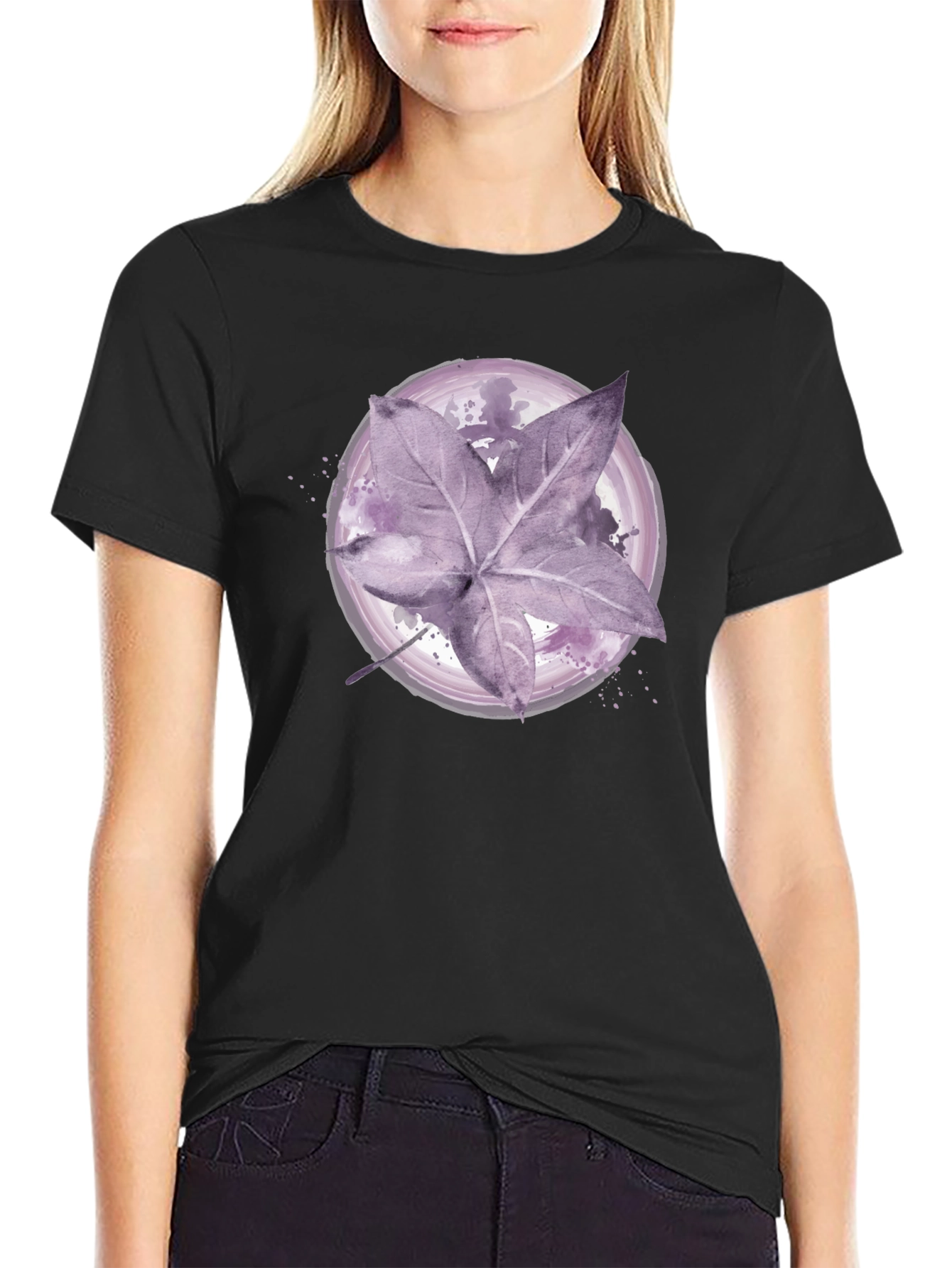 Artistic Leaf Print Black T-Shirt
