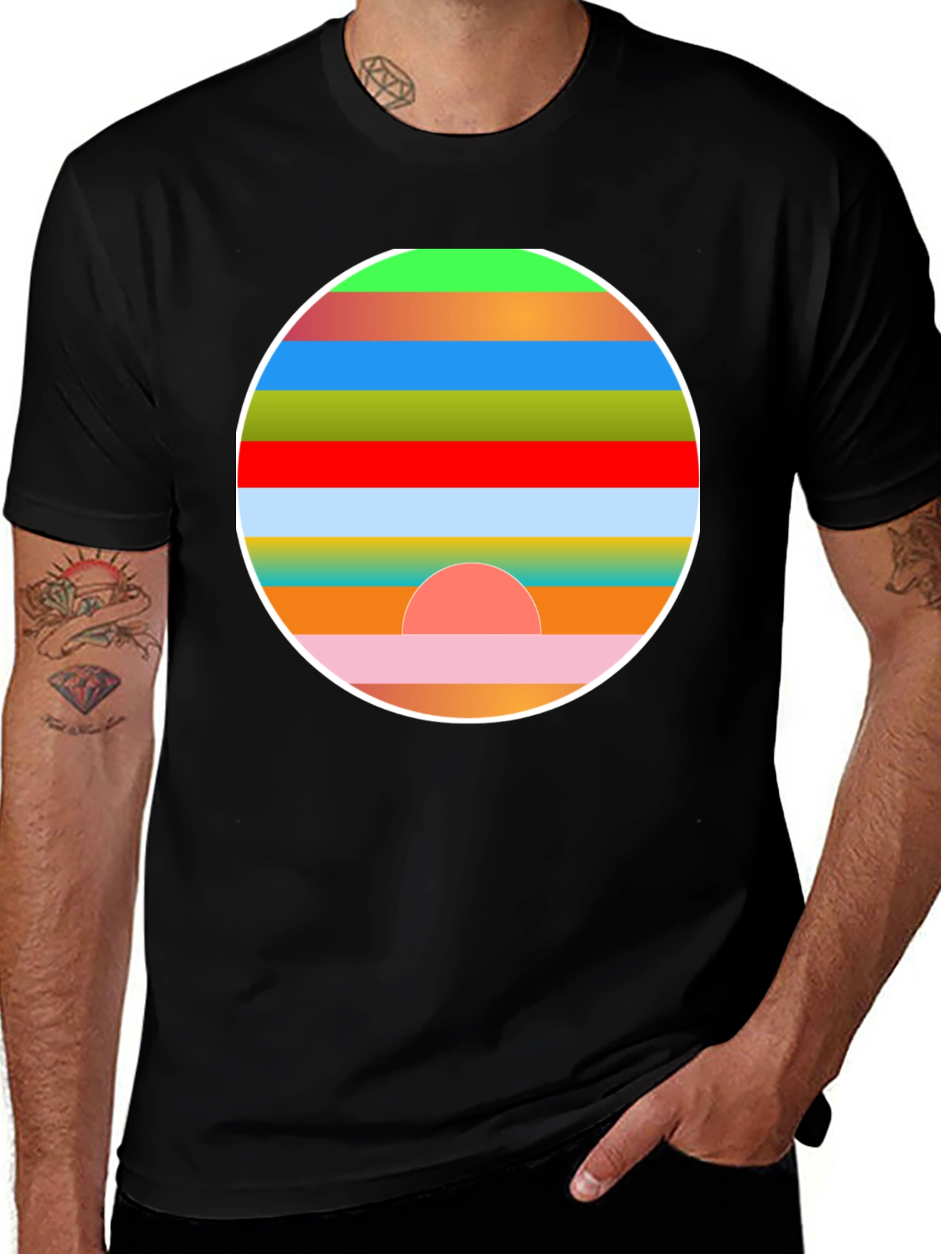 Retro Sunset Graphic Tee - Stylish Mens Black T-Shirt