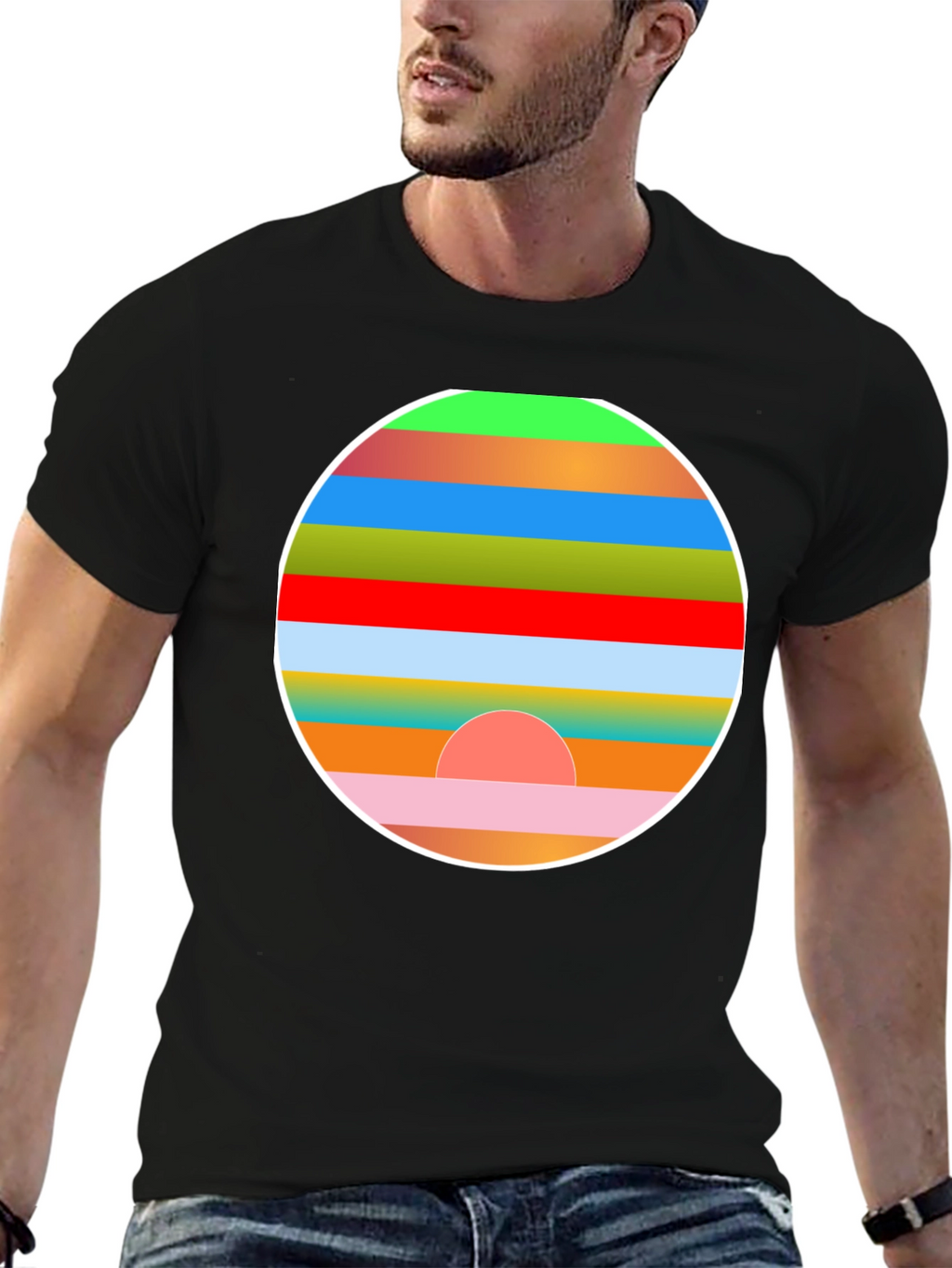 Retro Sunset Graphic Tee - Stylish Mens Black T-Shirt