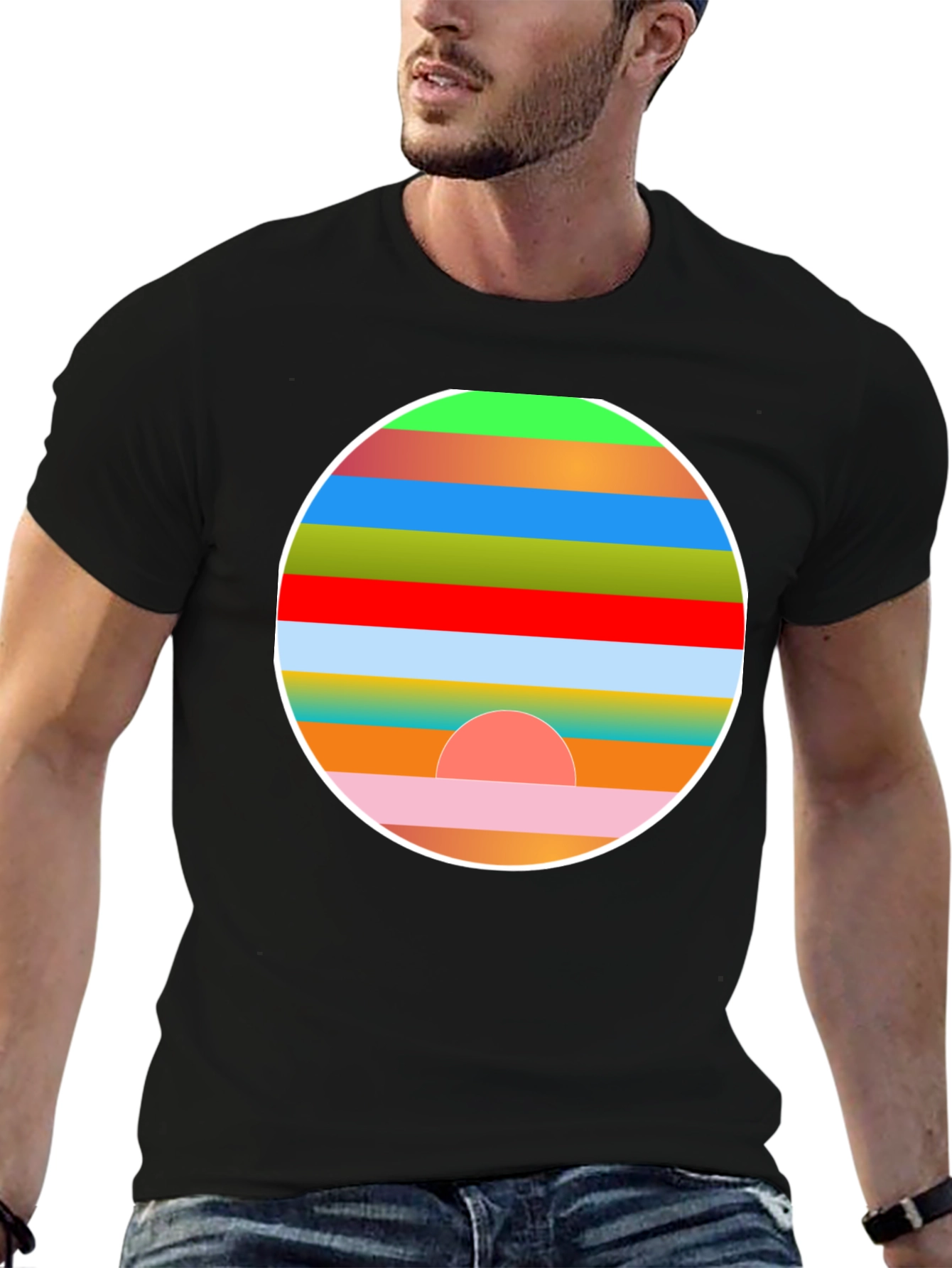 Retro Sunset Graphic Tee - Stylish Mens Black T-Shirt