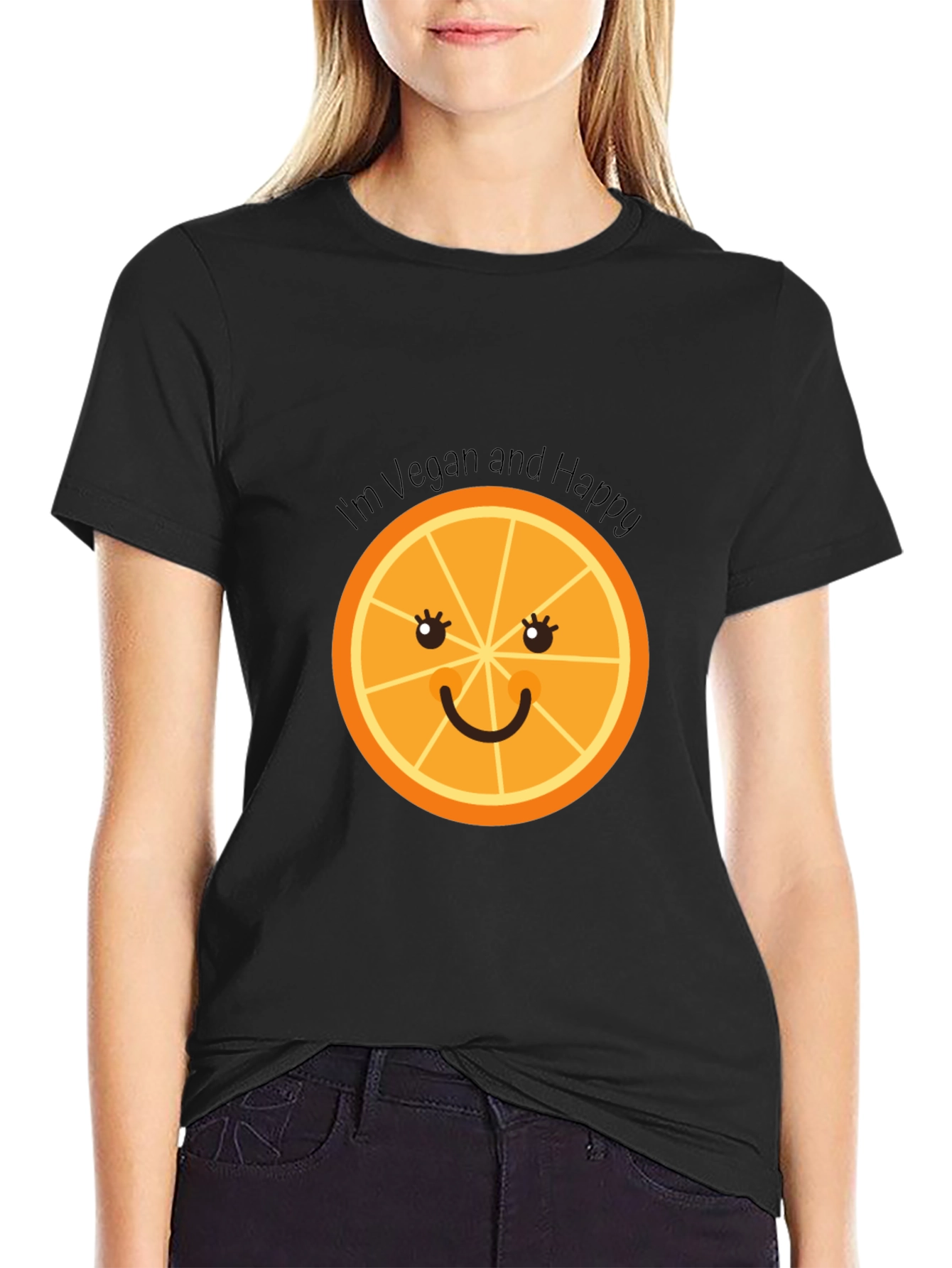 Vegan & Happy Tee - Smiling Orange Graphic T-Shirt