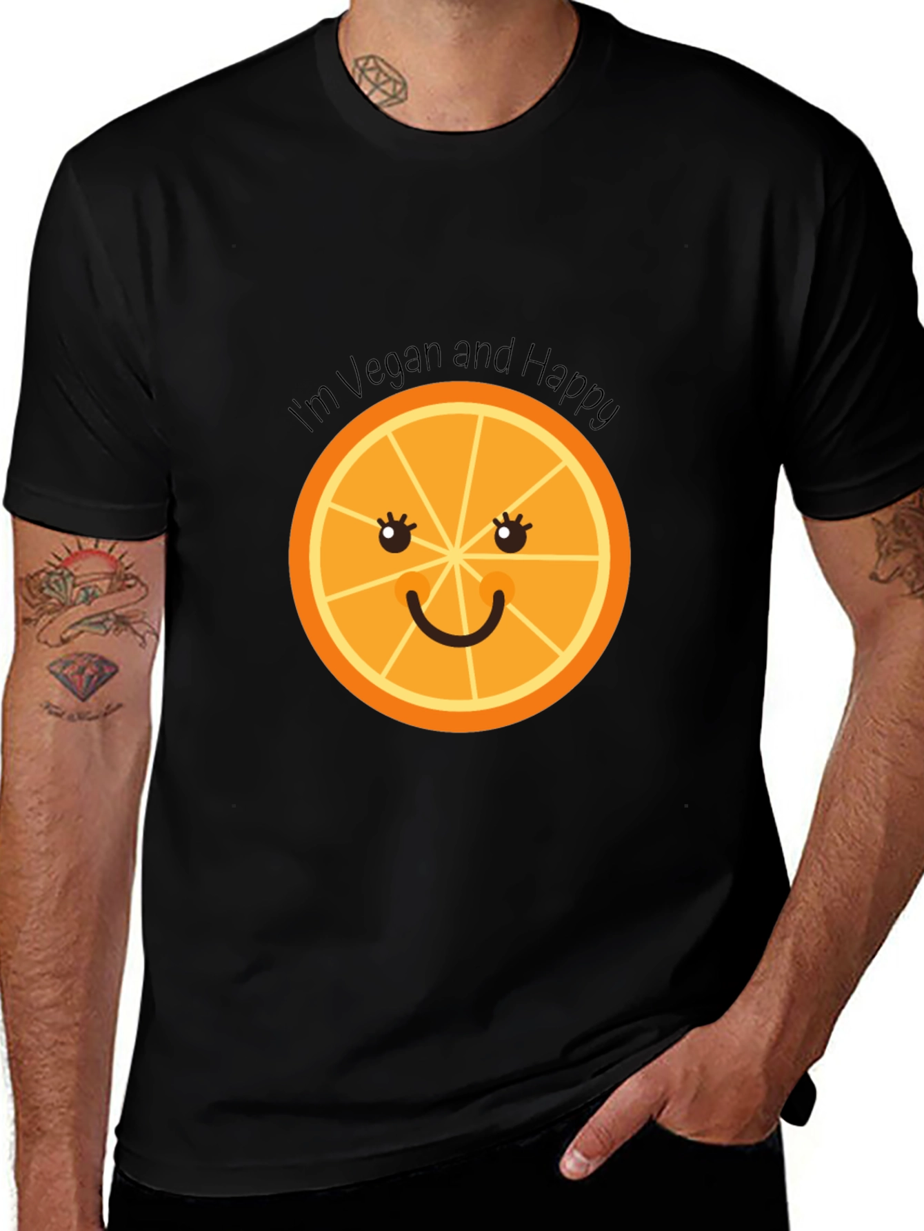 Vegan & Happy Tee - Smiling Orange Graphic T-Shirt