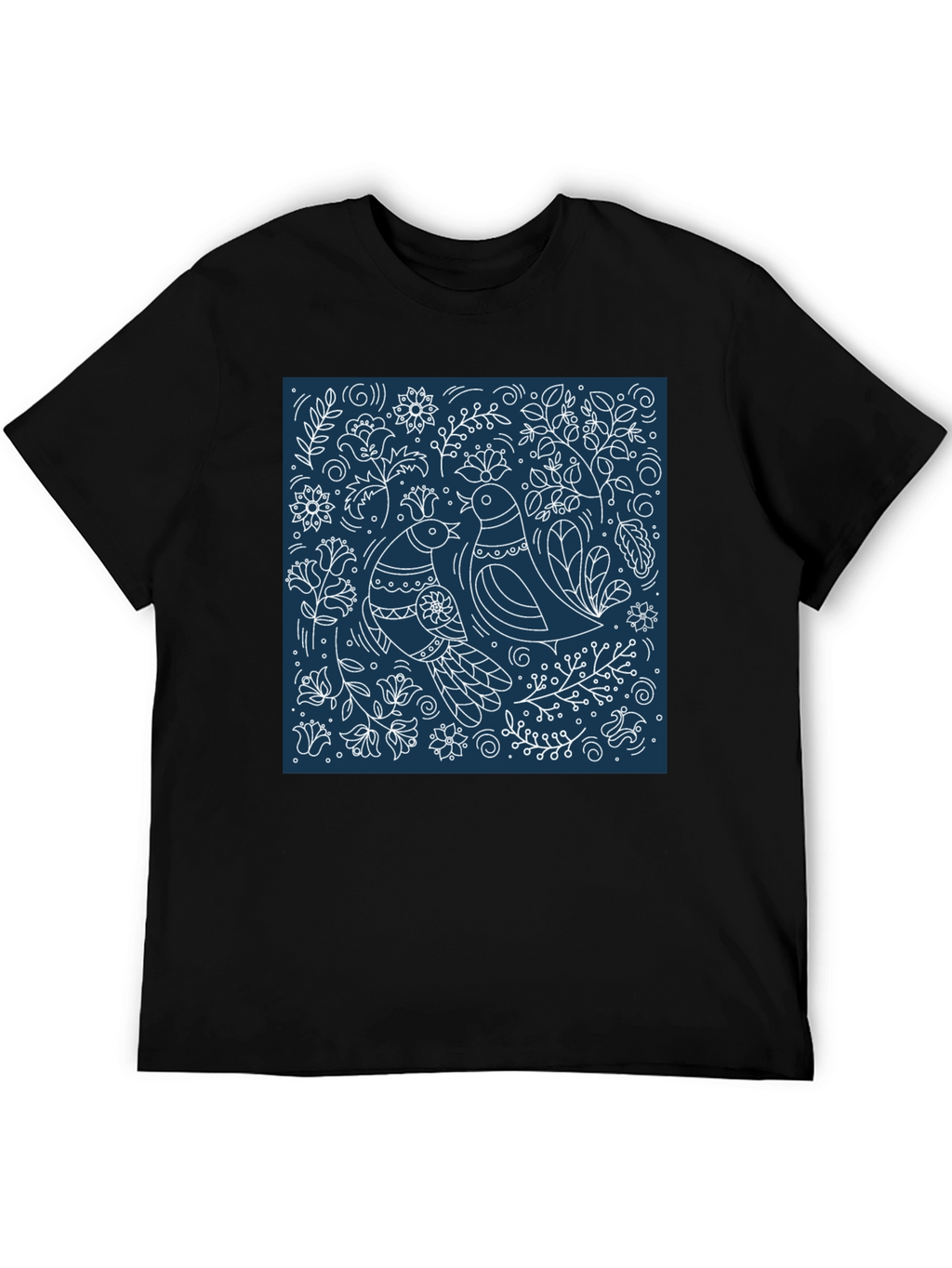 Stylish Bird & Floral Graphic Tee - Black
