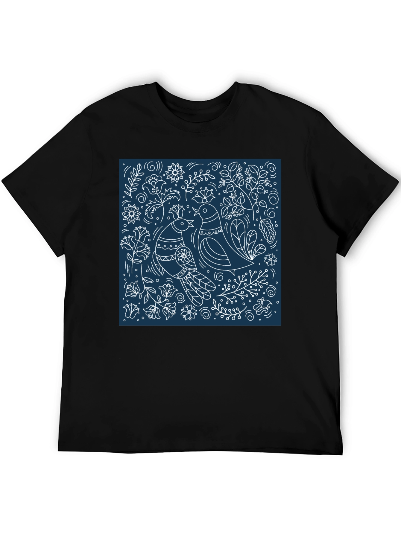 Stylish Bird & Floral Graphic Tee - Black