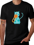Black Tee with Playful Cat and Whistle Design