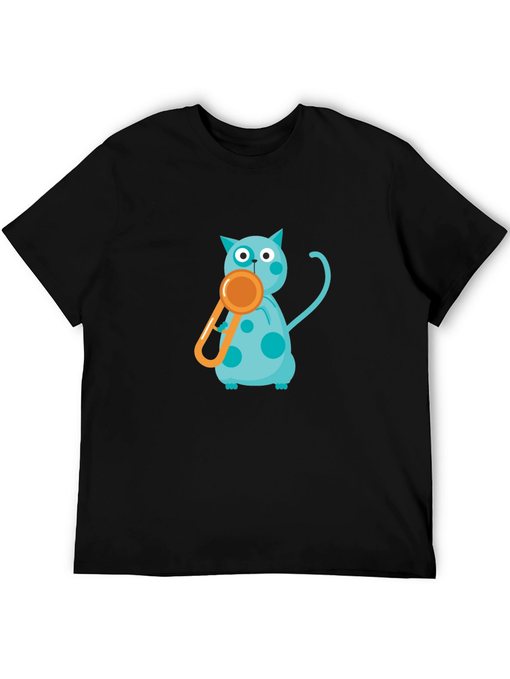 Black Tee with Playful Cat and Whistle Design