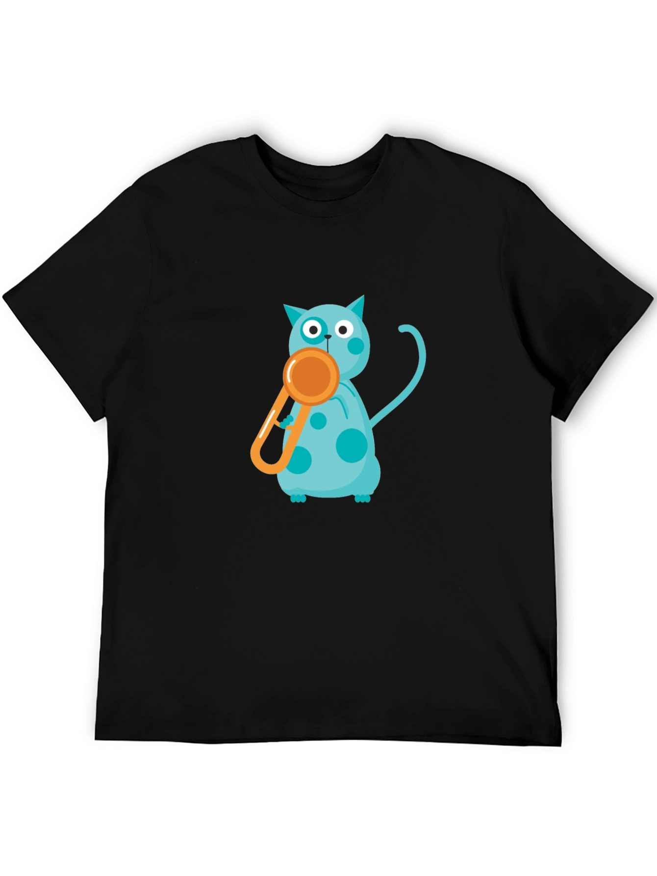 Black Tee with Playful Cat and Whistle Design