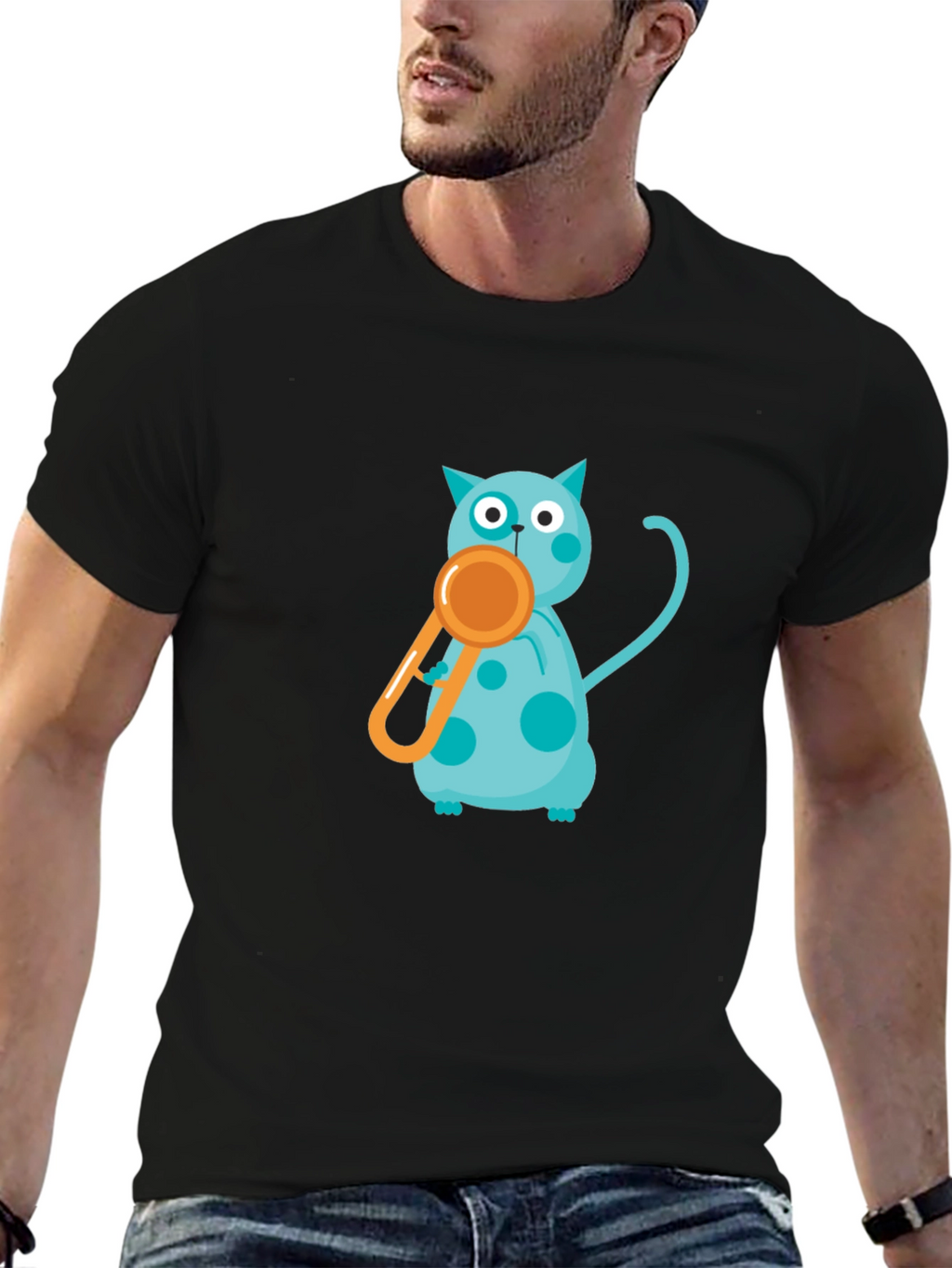 Black Tee with Playful Cat and Whistle Design