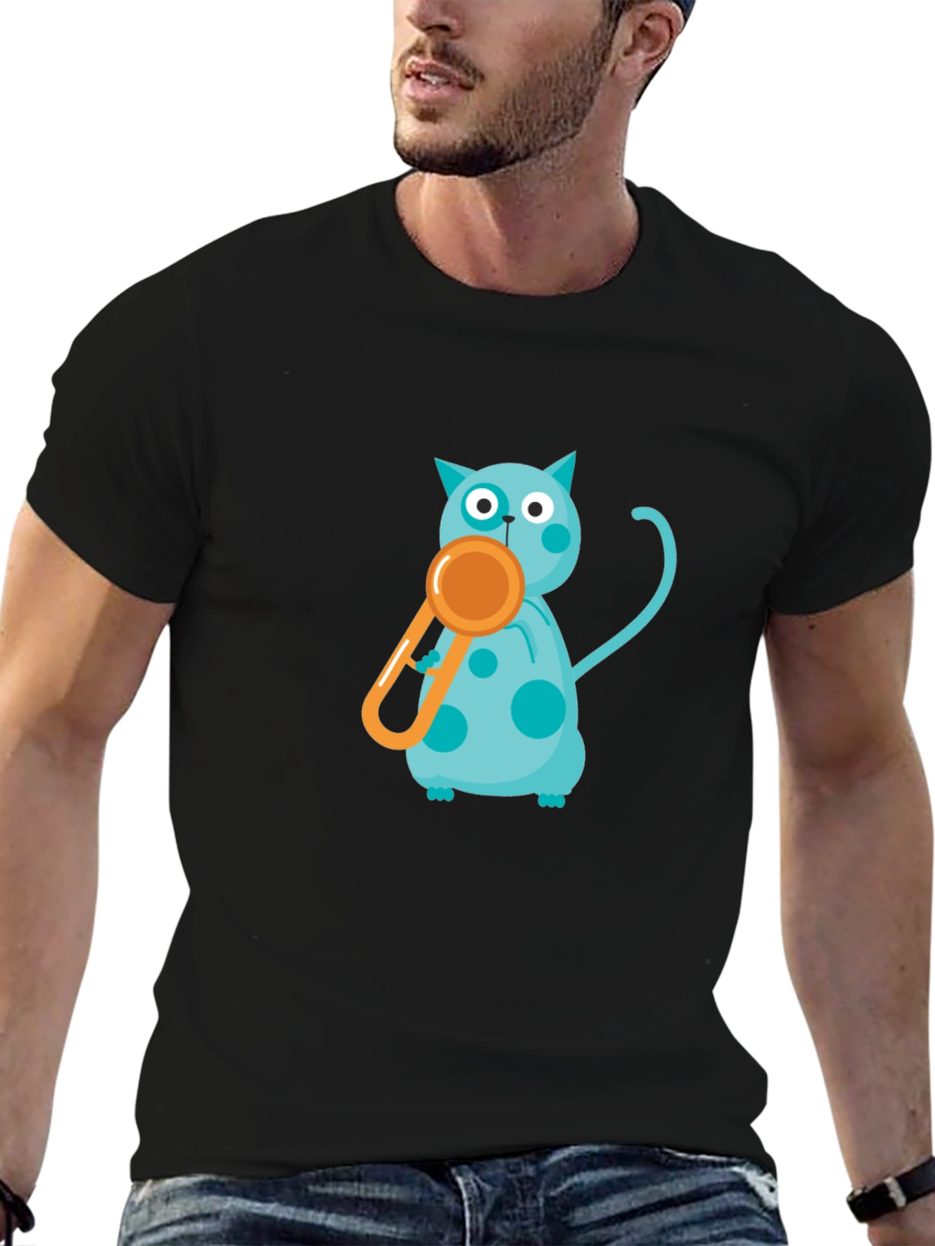 Black Tee with Playful Cat and Whistle Design
