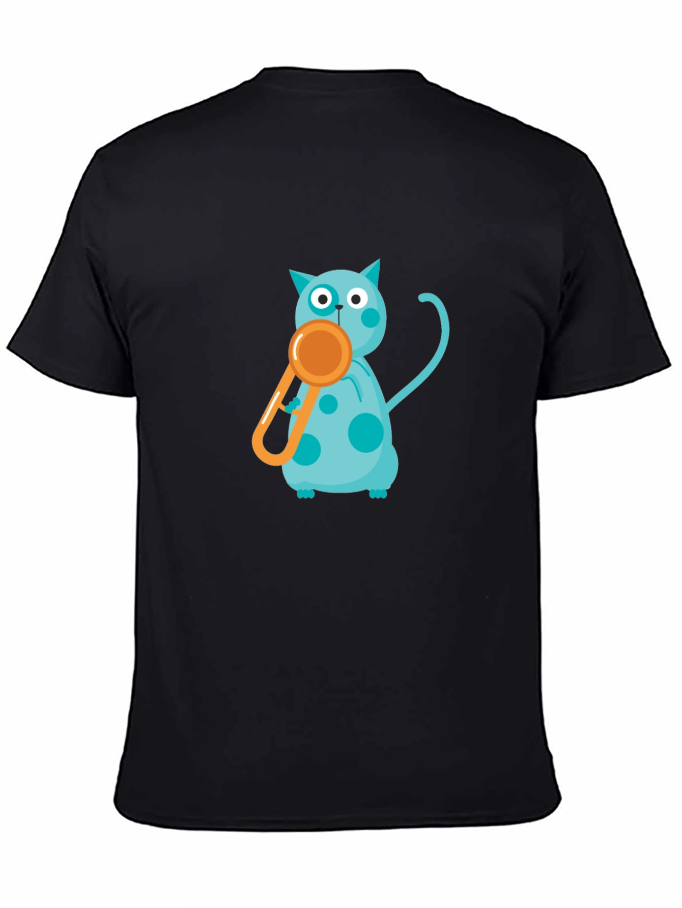 Black Tee with Playful Cat and Whistle Design