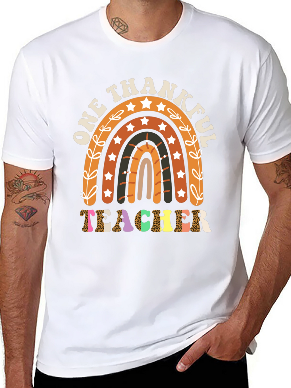 One Thankful Teacher T-Shirt Fall Rainbow Tee