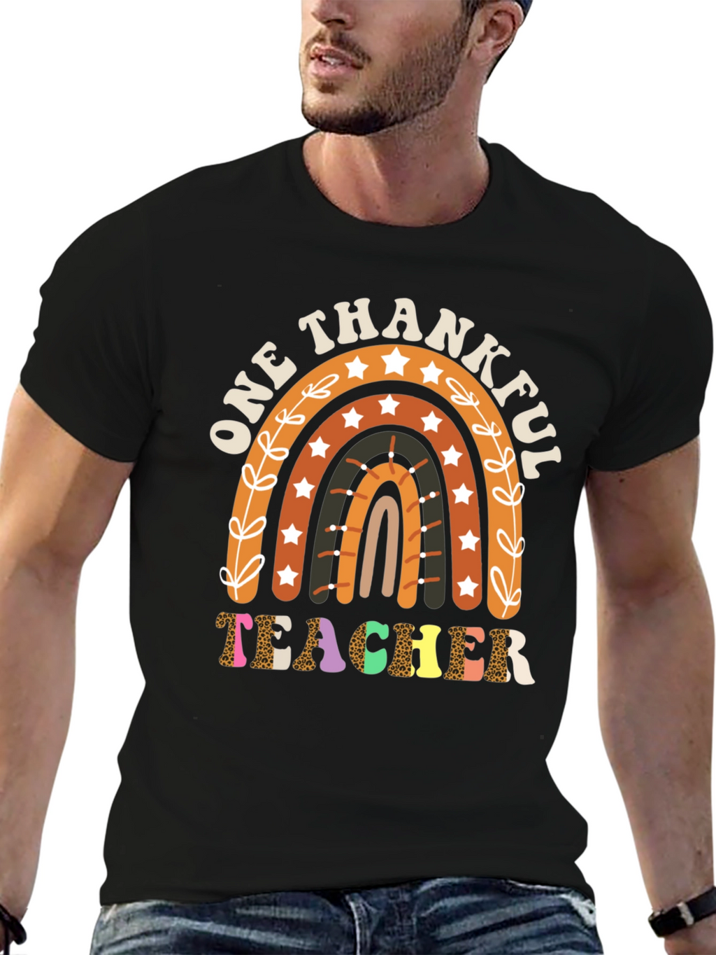 One Thankful Teacher T-Shirt Fall Rainbow Tee
