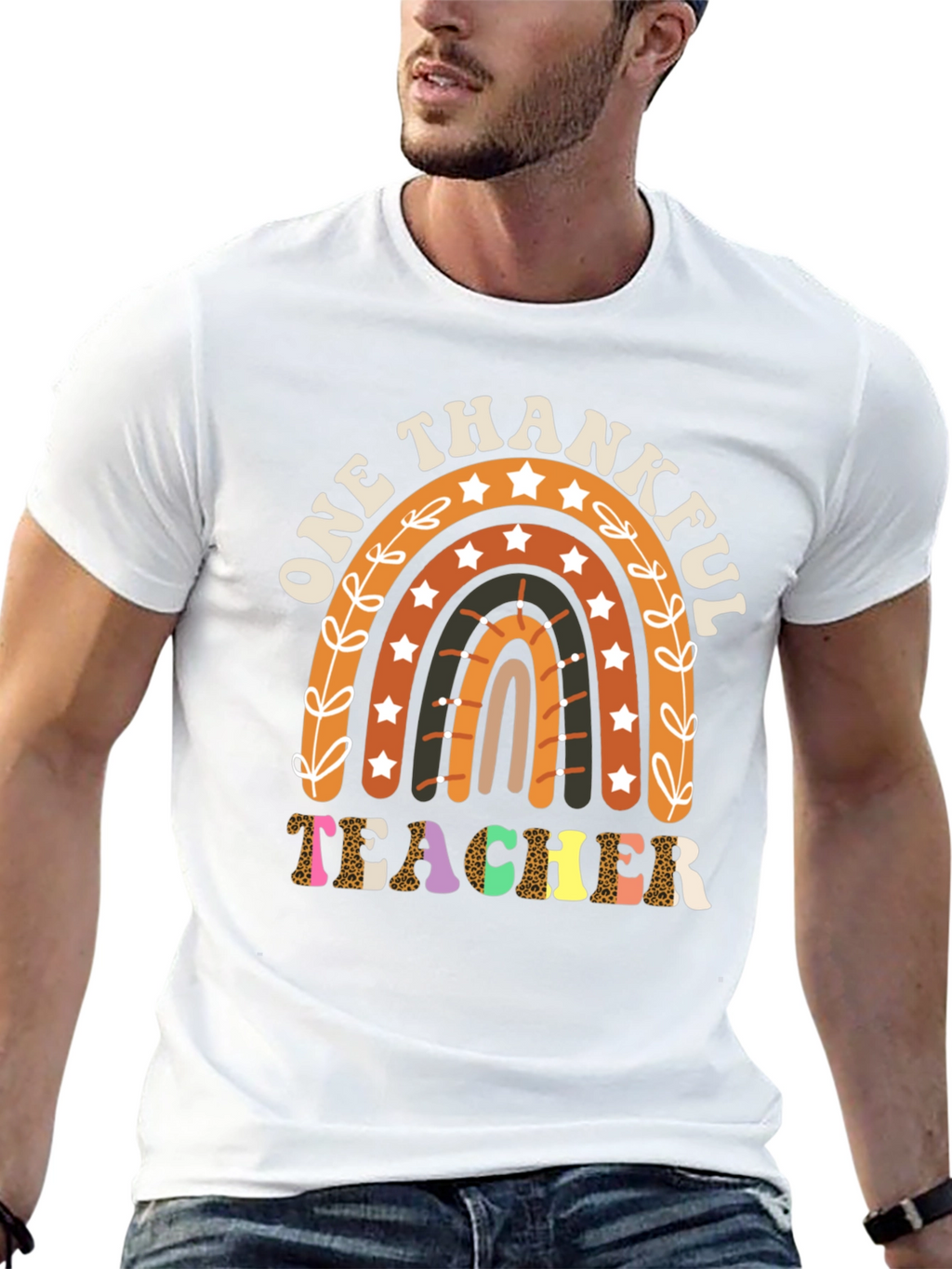One Thankful Teacher T-Shirt Fall Rainbow Tee