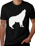 Mens Black T-Shirt with White Wolf Graphic