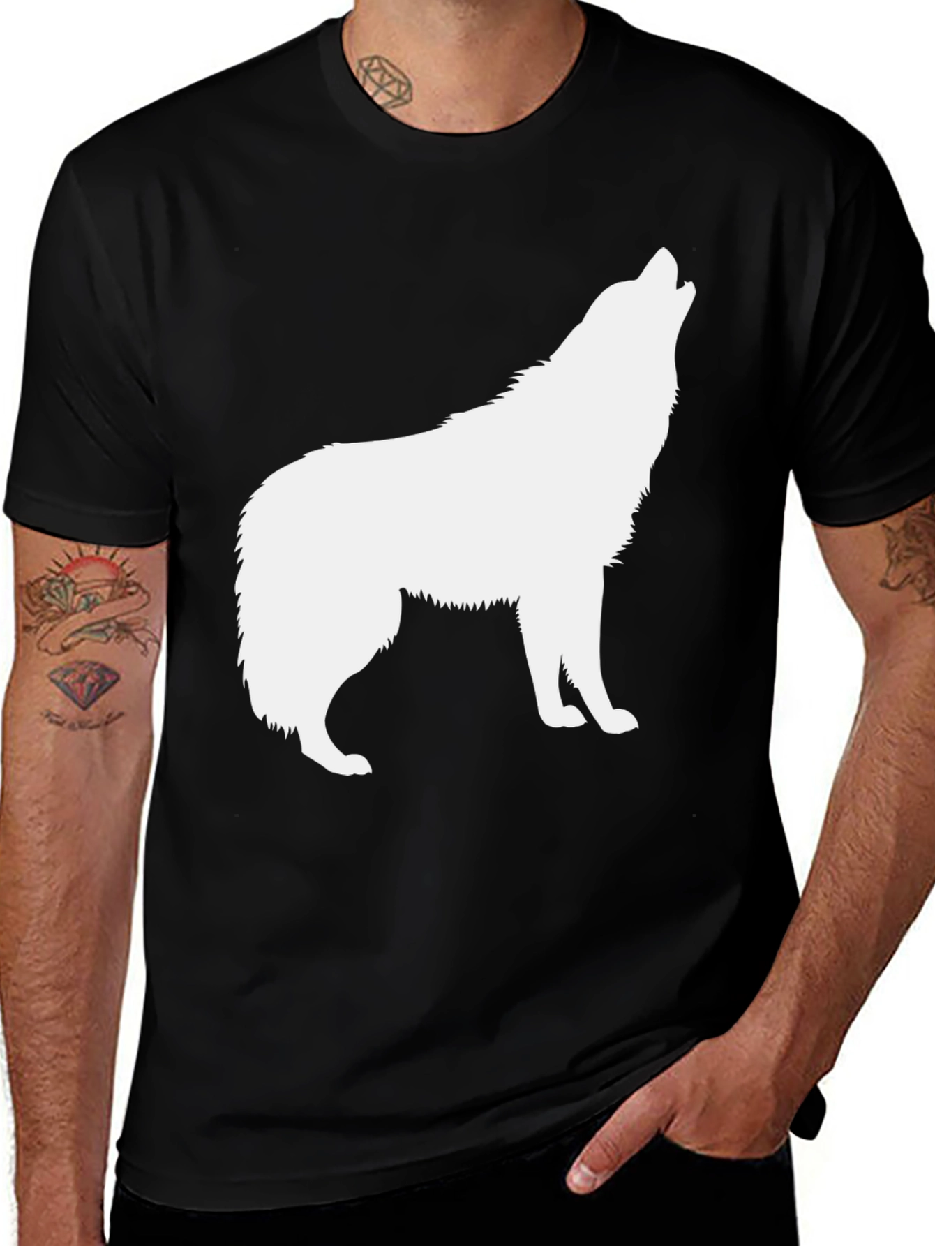 Mens Black T-Shirt with White Wolf Graphic