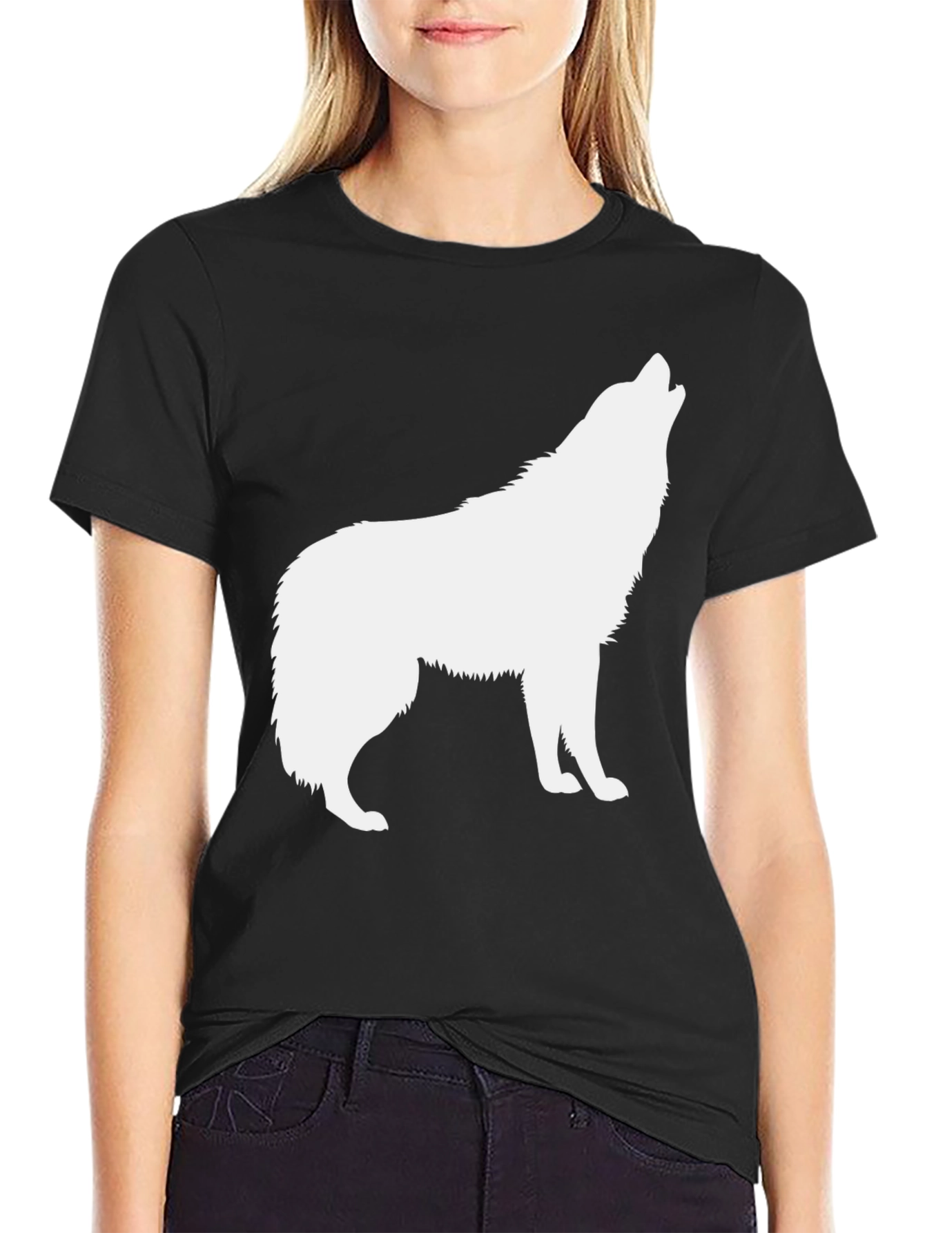 Mens Black T-Shirt with White Wolf Graphic