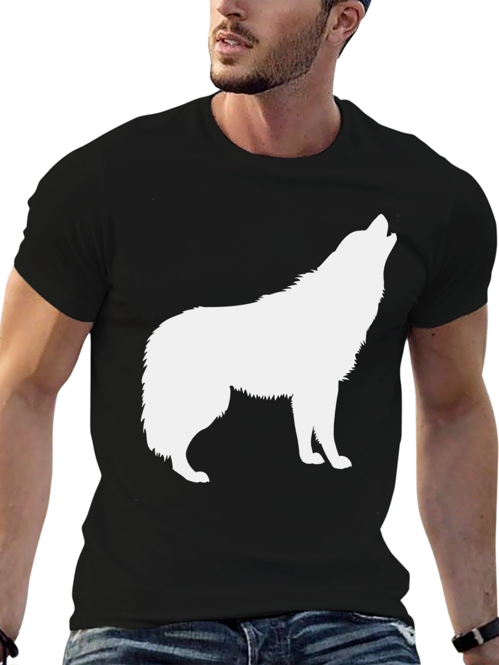 Mens Black T-Shirt with White Wolf Graphic