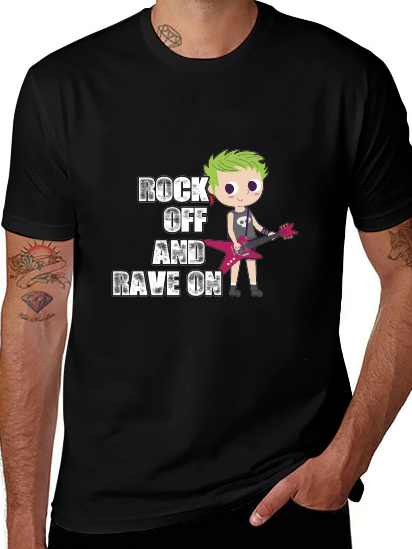 Rock Off and Rave On Black Graphic T-Shirt