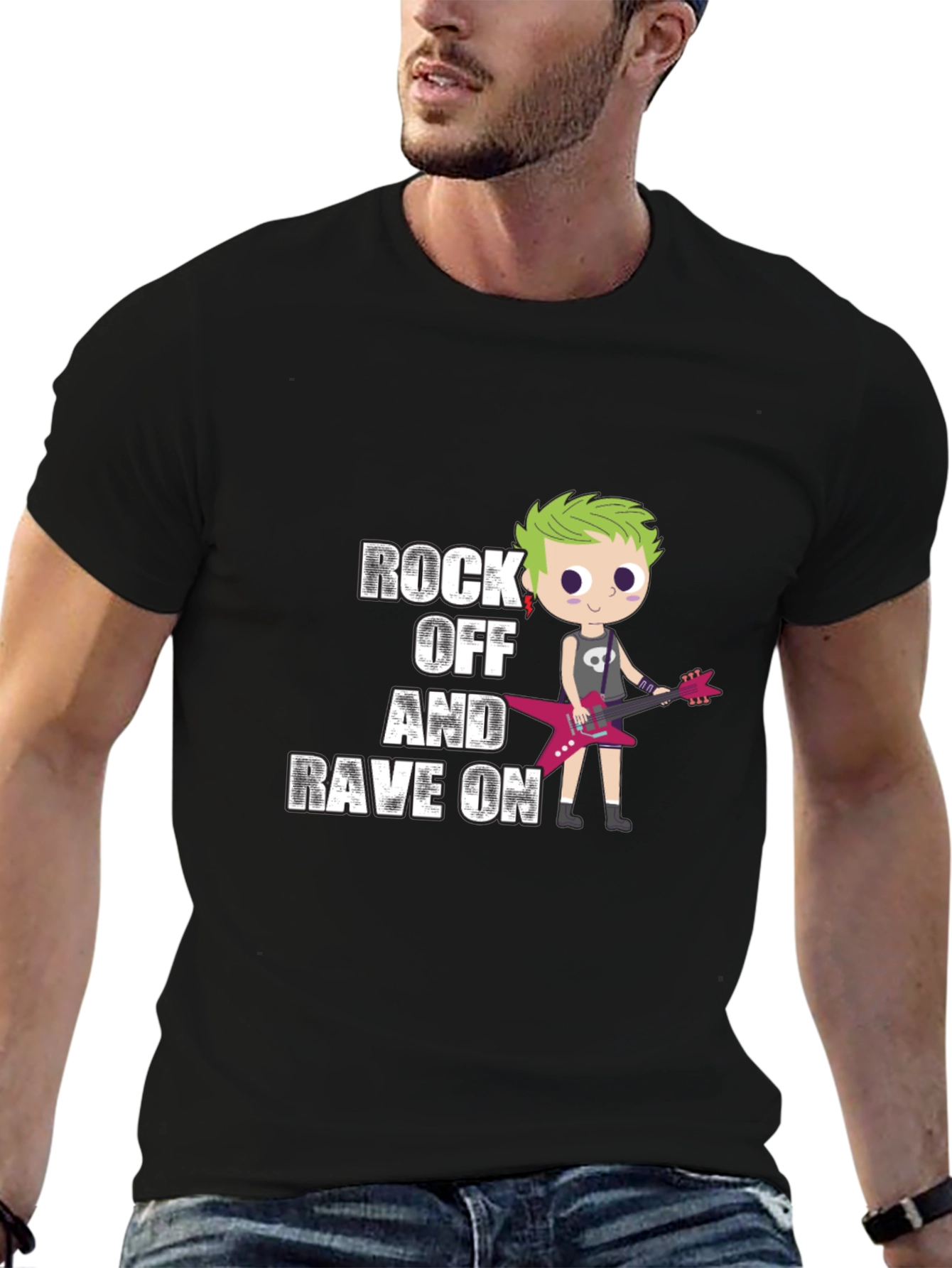 Rock Off and Rave On Black Graphic T-Shirt