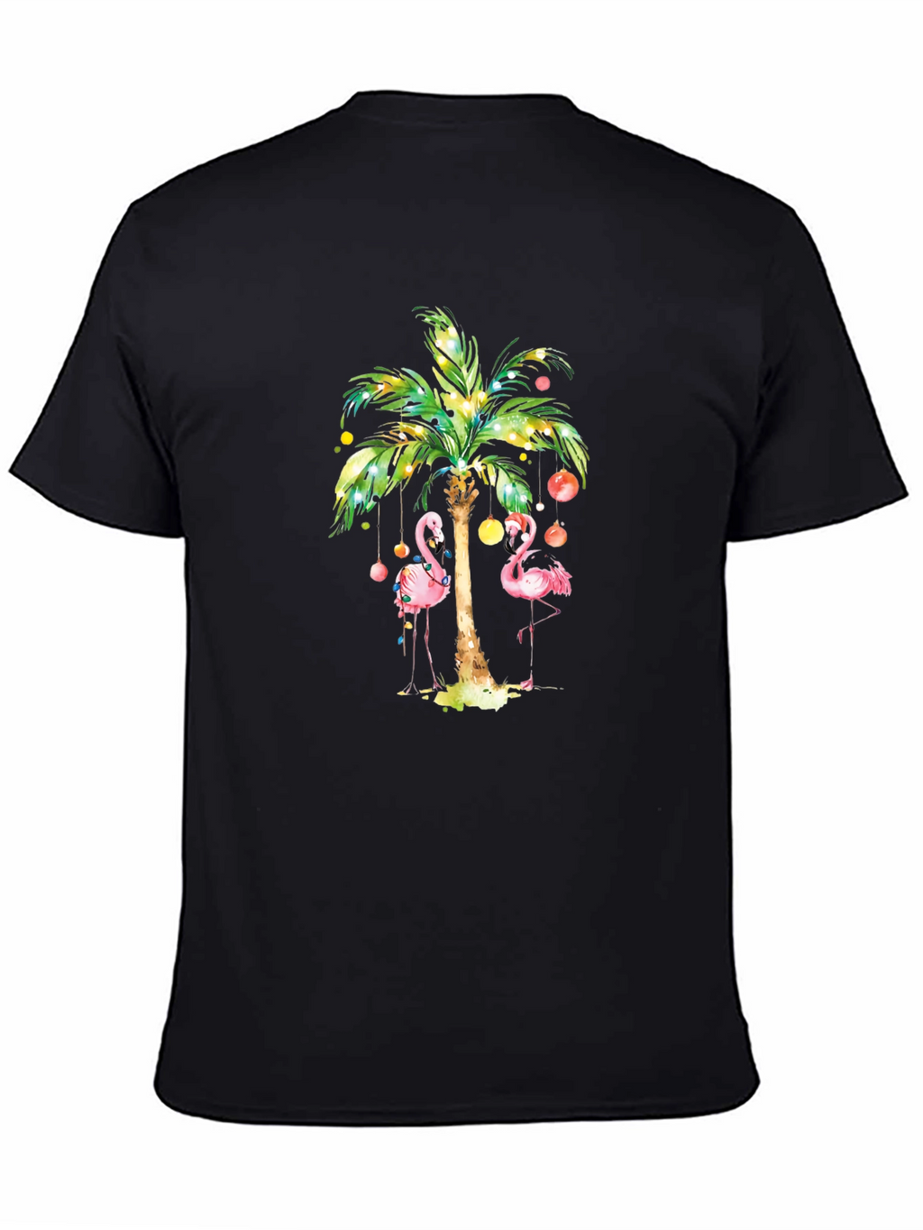 Tropical Flamingo Palm Tree Graphic Tee - Black