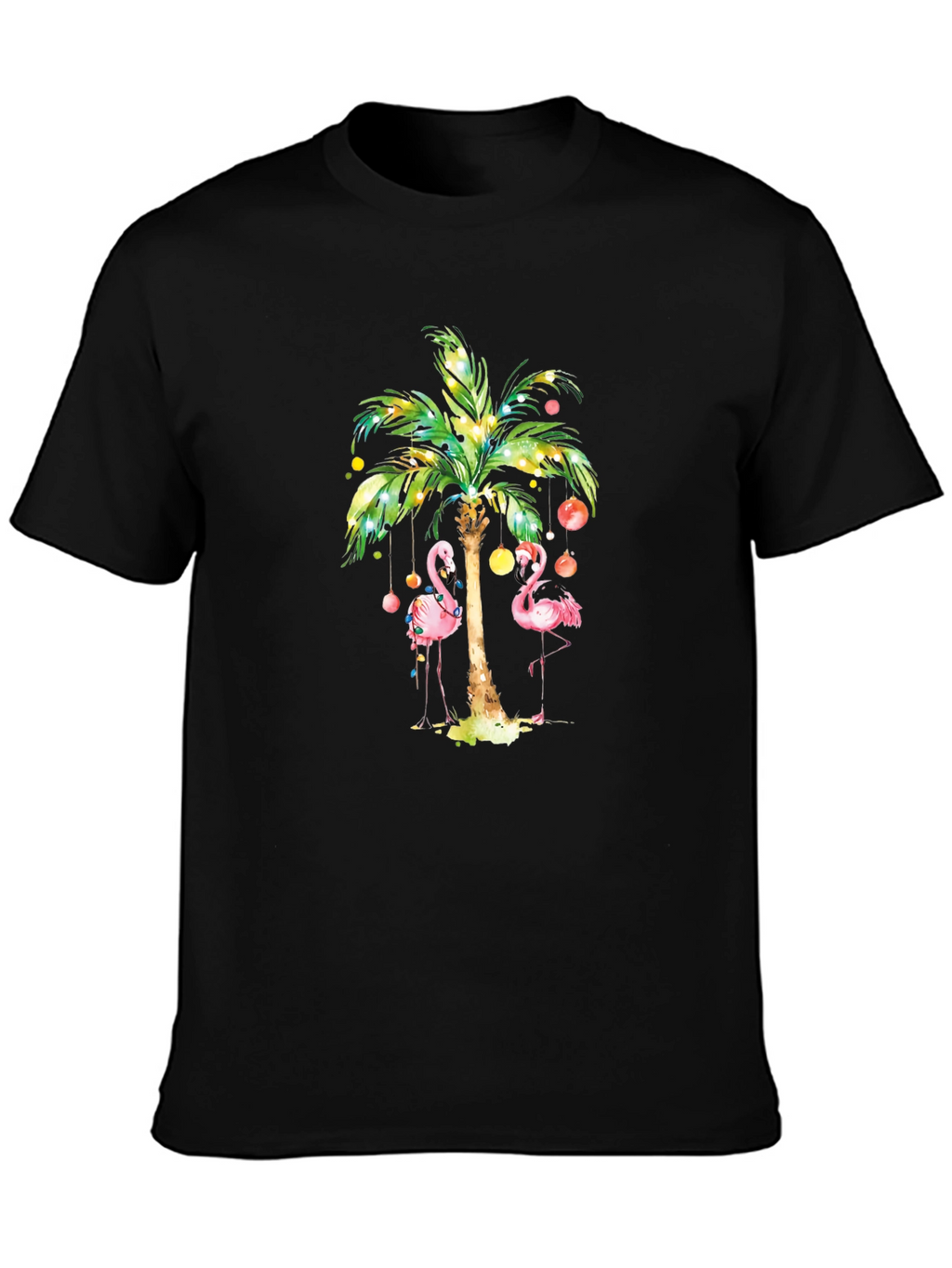 Tropical Flamingo Palm Tree Graphic Tee - Black