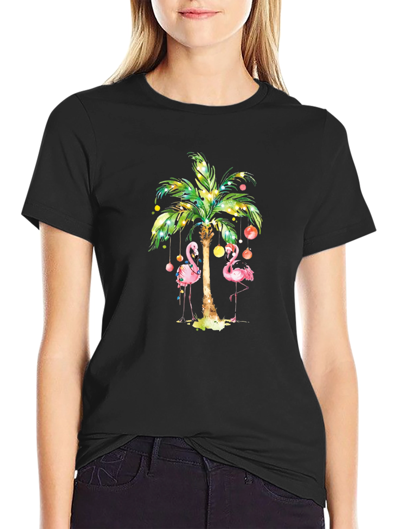 Tropical Flamingo Palm Tree Graphic Tee - Black