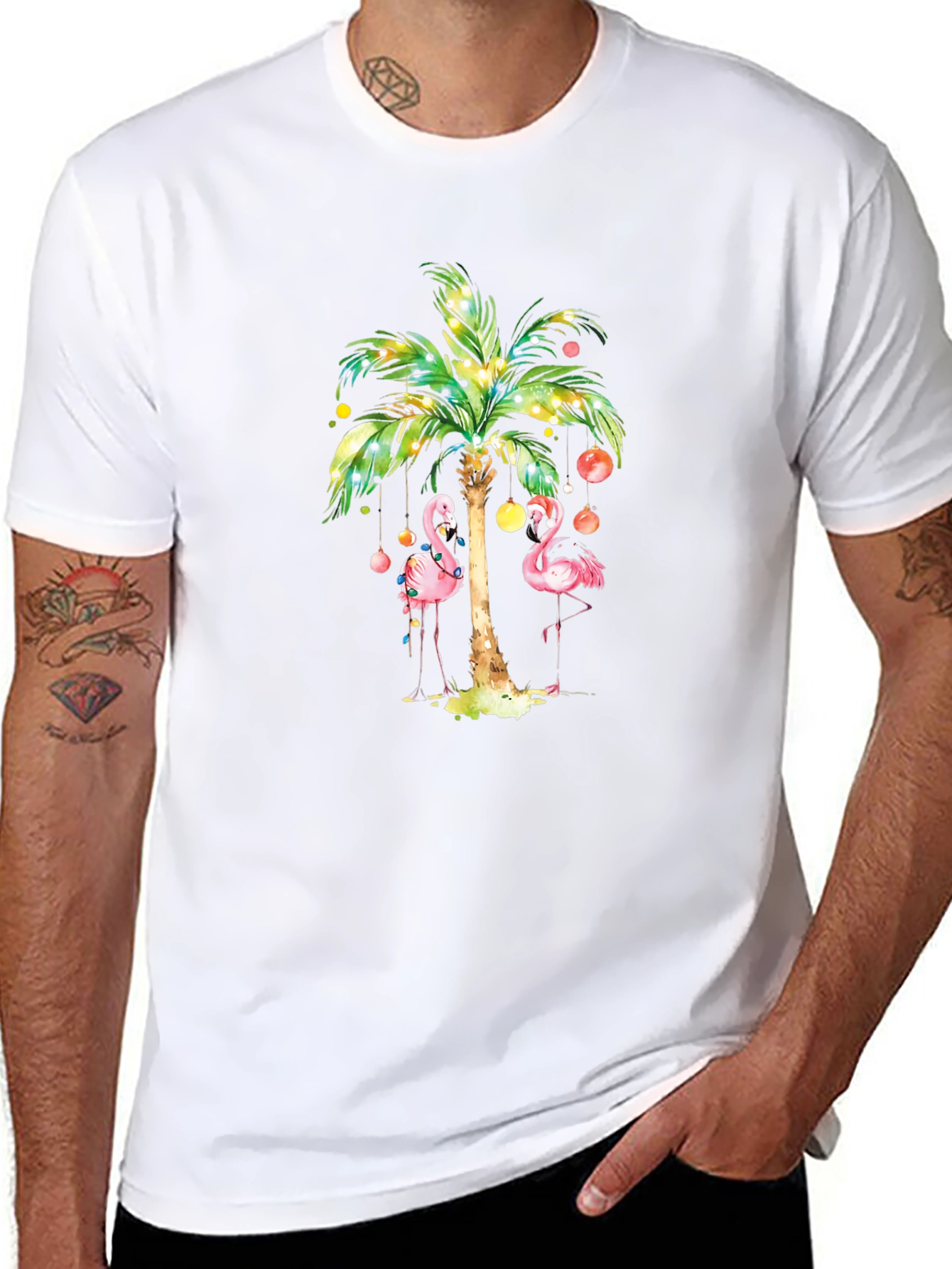 Tropical Flamingo Palm Tree Graphic Tee - Black