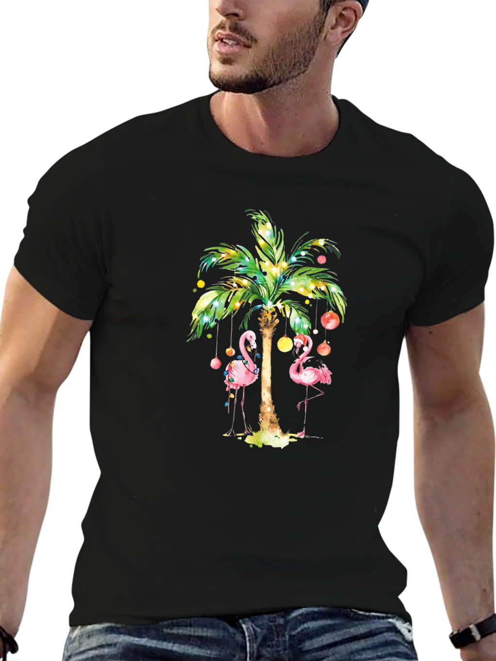 Tropical Flamingo Palm Tree Graphic Tee - Black