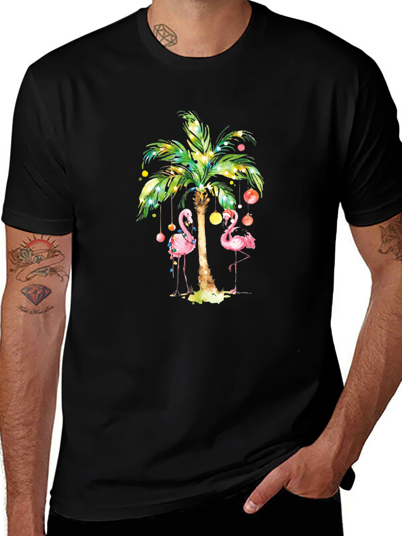 Tropical Flamingo Palm Tree Graphic Tee - Black