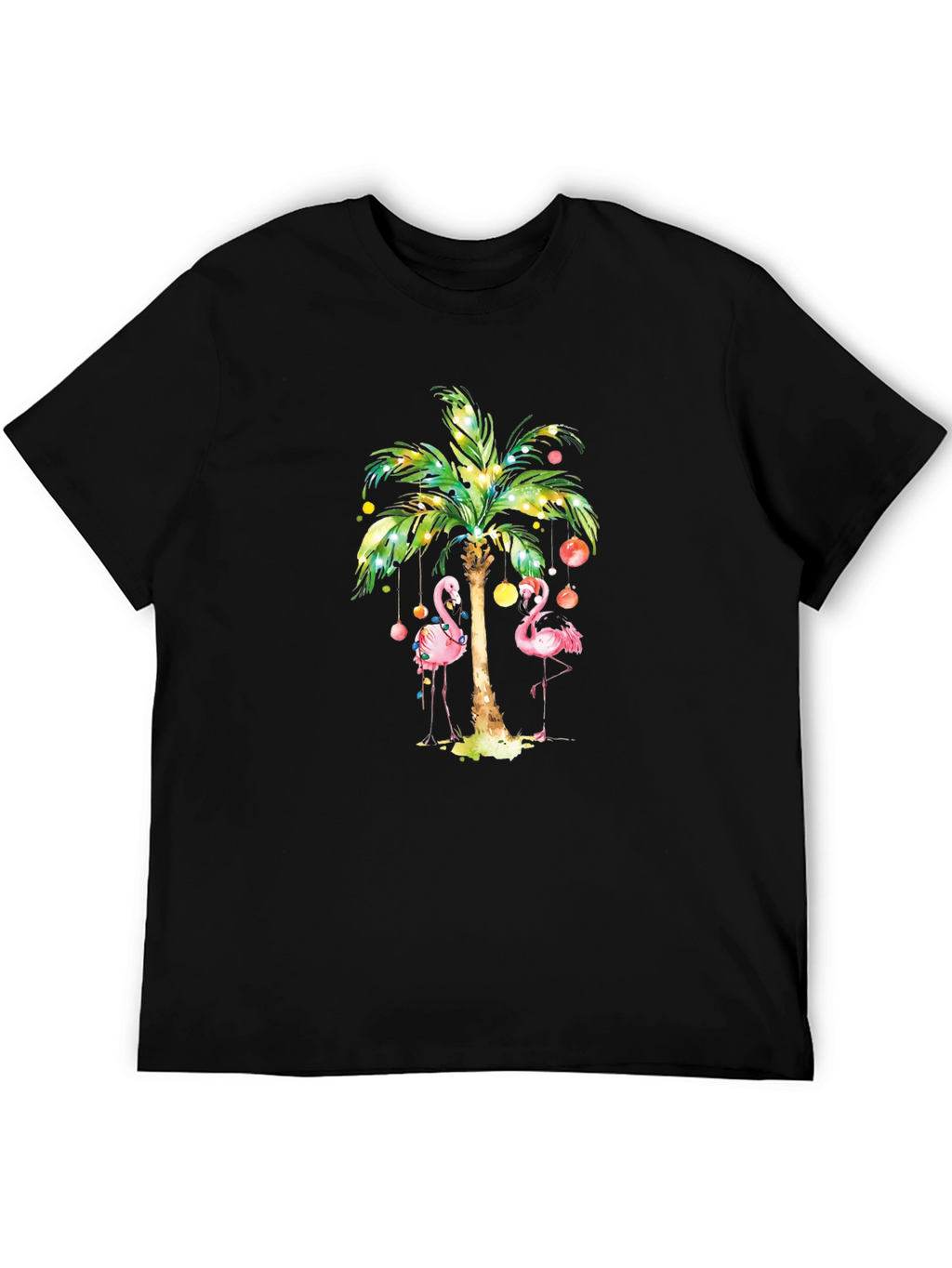 Tropical Flamingo Palm Tree Graphic Tee - Black