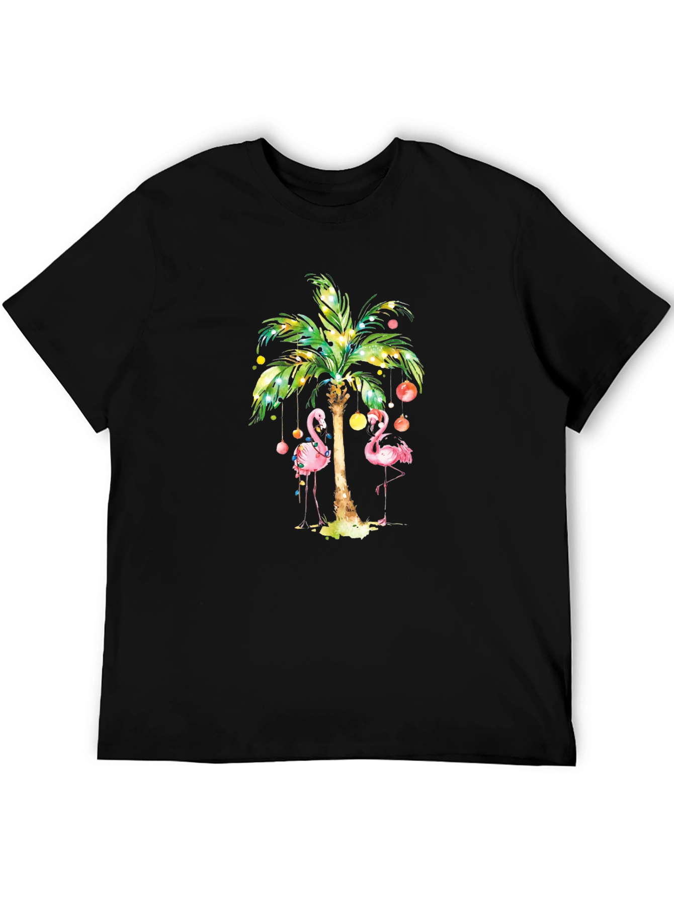 Tropical Flamingo Palm Tree Graphic Tee - Black