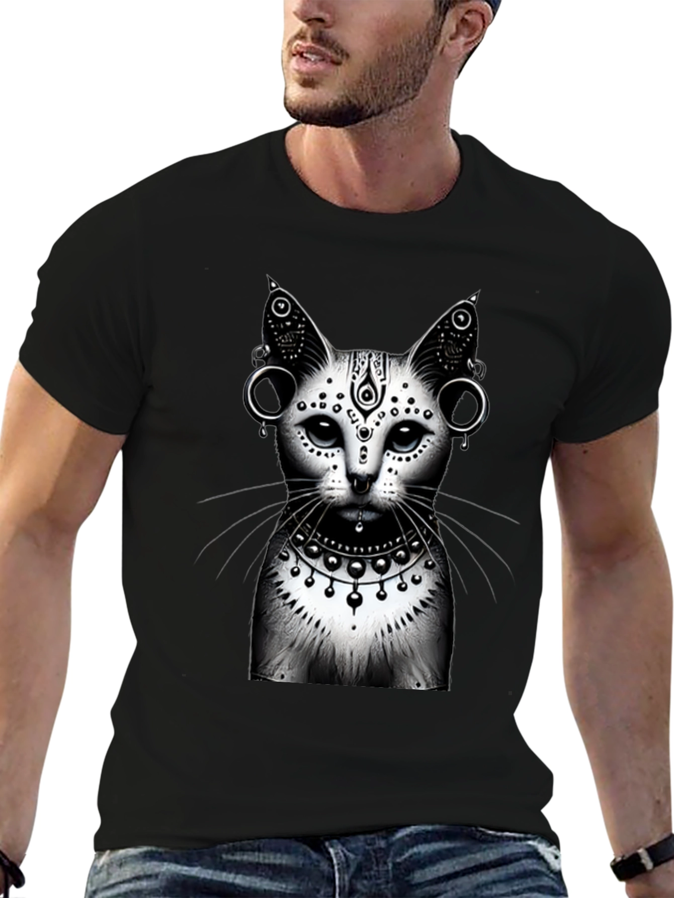 Mystic Cat Graphic Tee - Black Cotton T-Shirt